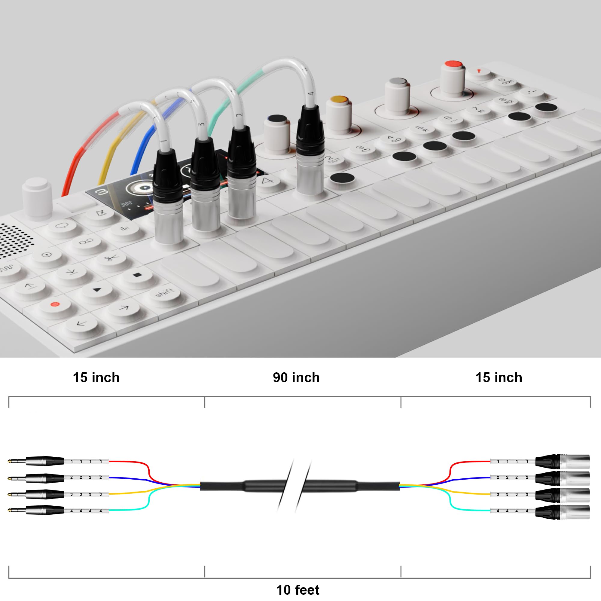 PRORECK Câble serpent de 3 m, câble audio blindé à 4 canaux TRS vers XLR femelle, avec connecteurs colorés pour scène professionnelle, studio et direct (PR-TRS/XLR-4 x 10F)