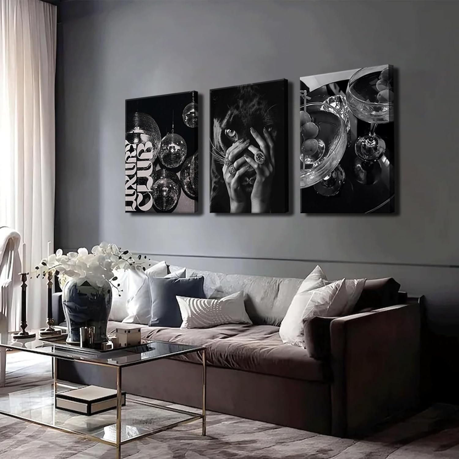 3Pcs Luxury Black And White Cheetah Canvas Wall Art Funky Disco Ball Bar Cart Wall Decor Pictures Fashion Feminism Posters Prints for Girls Bedroom Apartment Dorm Bar Decorations Ready To Hang