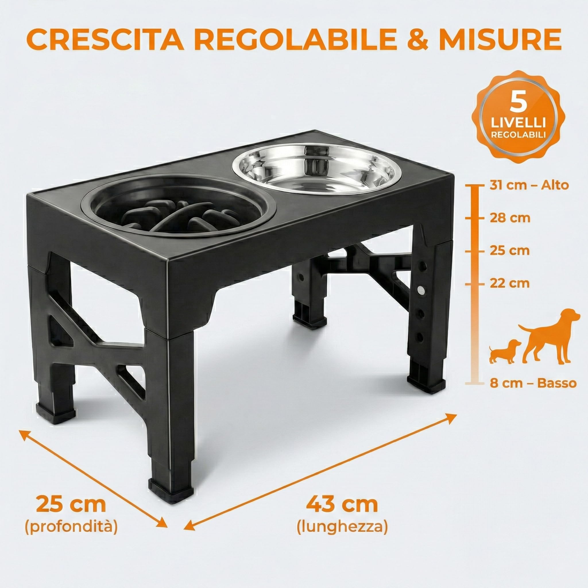 Ciotole per Cani Rialzate Regolabili – Set 3 in 1 con 1 Ciotole in Acciaio Inox 1200ml + 1 Ciotola Anti-Ingozzo 800ml – Supporto Antiscivolo per Cani di Taglia Media e Grande