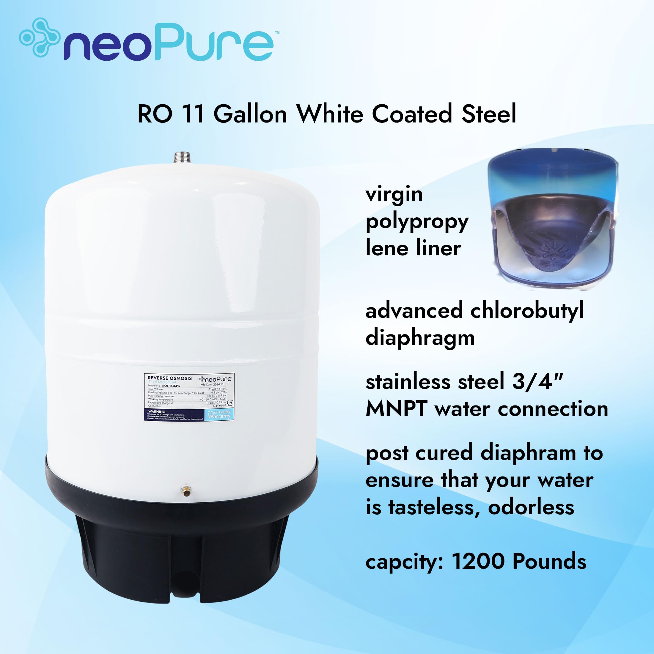 NeoPure 11 Gallon Reverse Osmosis Water Storage Tank – Pressurized RO Bladder Tank for Home Drinking Water Systems, 15.1 x 20.1 in, White