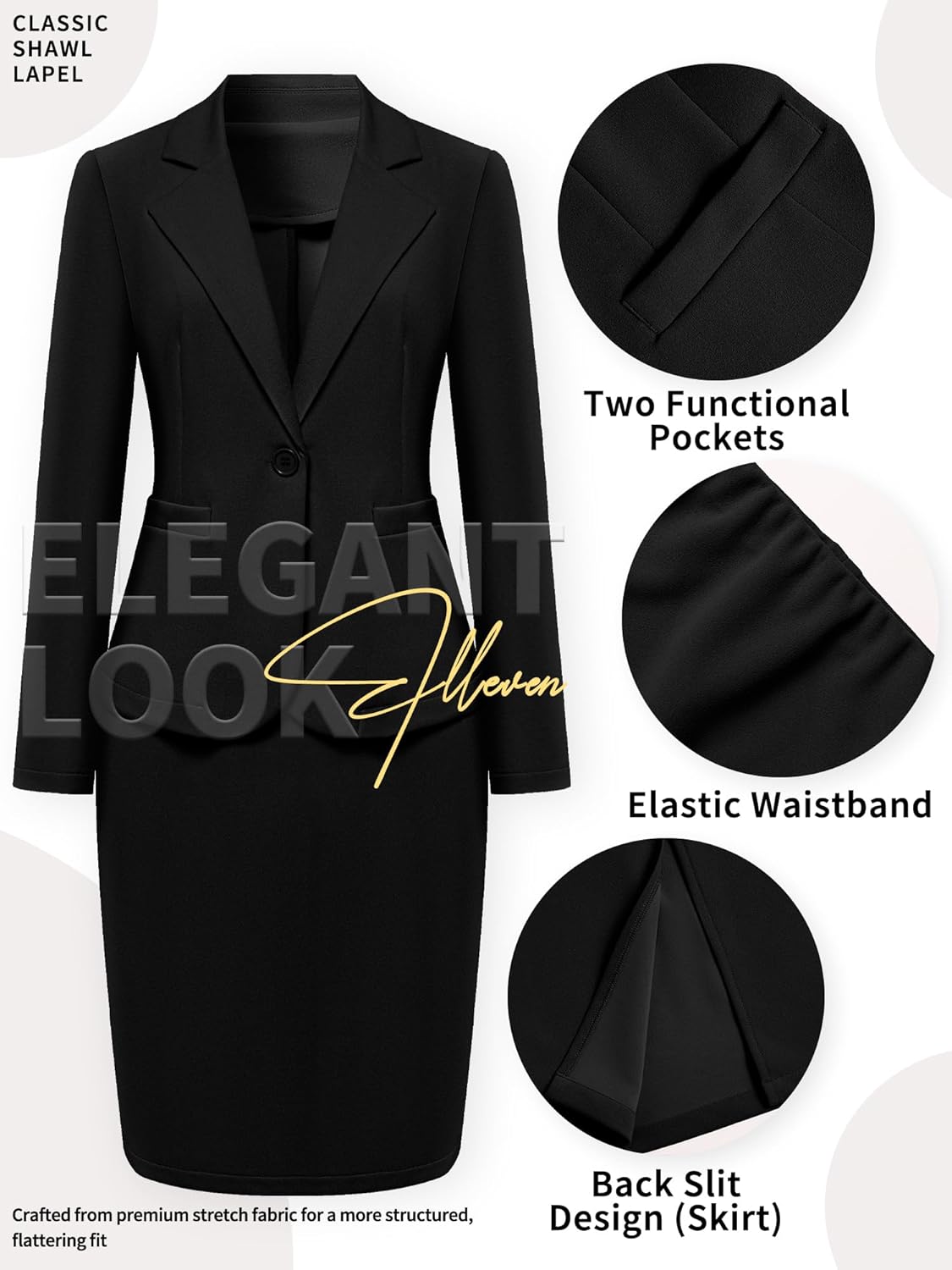 ELLEVEN Women's 2 Piece Suit Skirt Set Business Casual, Long Sleeve Knit Blazer & Pencil Skirt - Image 6