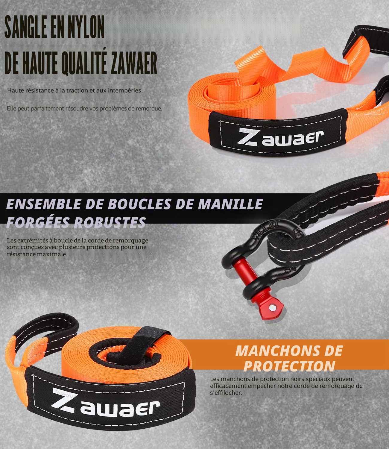 Zawaer Corde de Remorquage d'urgence de Voiture, 10T Sangle Remorquage, avec Manille Haute Résistance, Résistance à la Rupture de 26,455 LBS, Cordede 5m x 5cm avec Sac Rangement,Plus Sûre