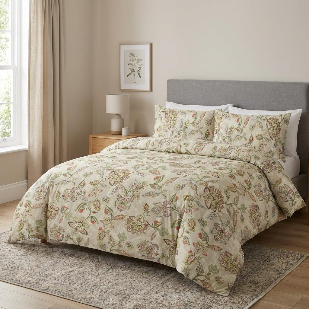 M&J Home 3 Piece King Duvet Cover Set, Floral Jacobean Natural, 100% Natural Cotton, 144 Thread Count, OEKO-TEX Certified, Button Closure, Includes Duvet Cover & Pillowcases