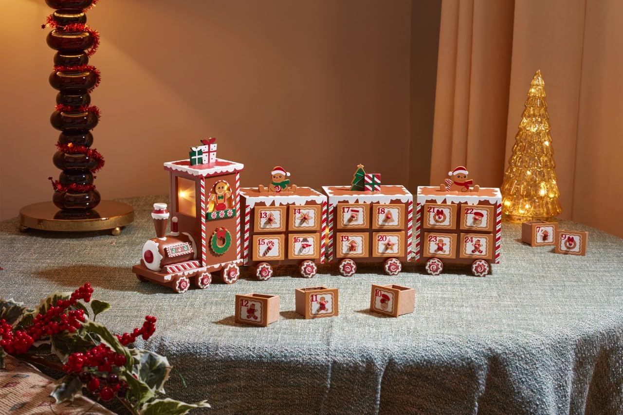 Smart Garden InLit All Aboard - Calendario de Adviento de madera con tren expreso de pan de jengibre, 50 cm, funciona con pilas LED, decoración navideña pintada a mano, decoración navideña iluminada