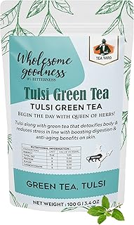 TEA YARD Tulsi Green Tea for Body Detoxification, Stress, Digestion & Skin Benefits Natural Whole Loose Leaf, Basil, 100 g