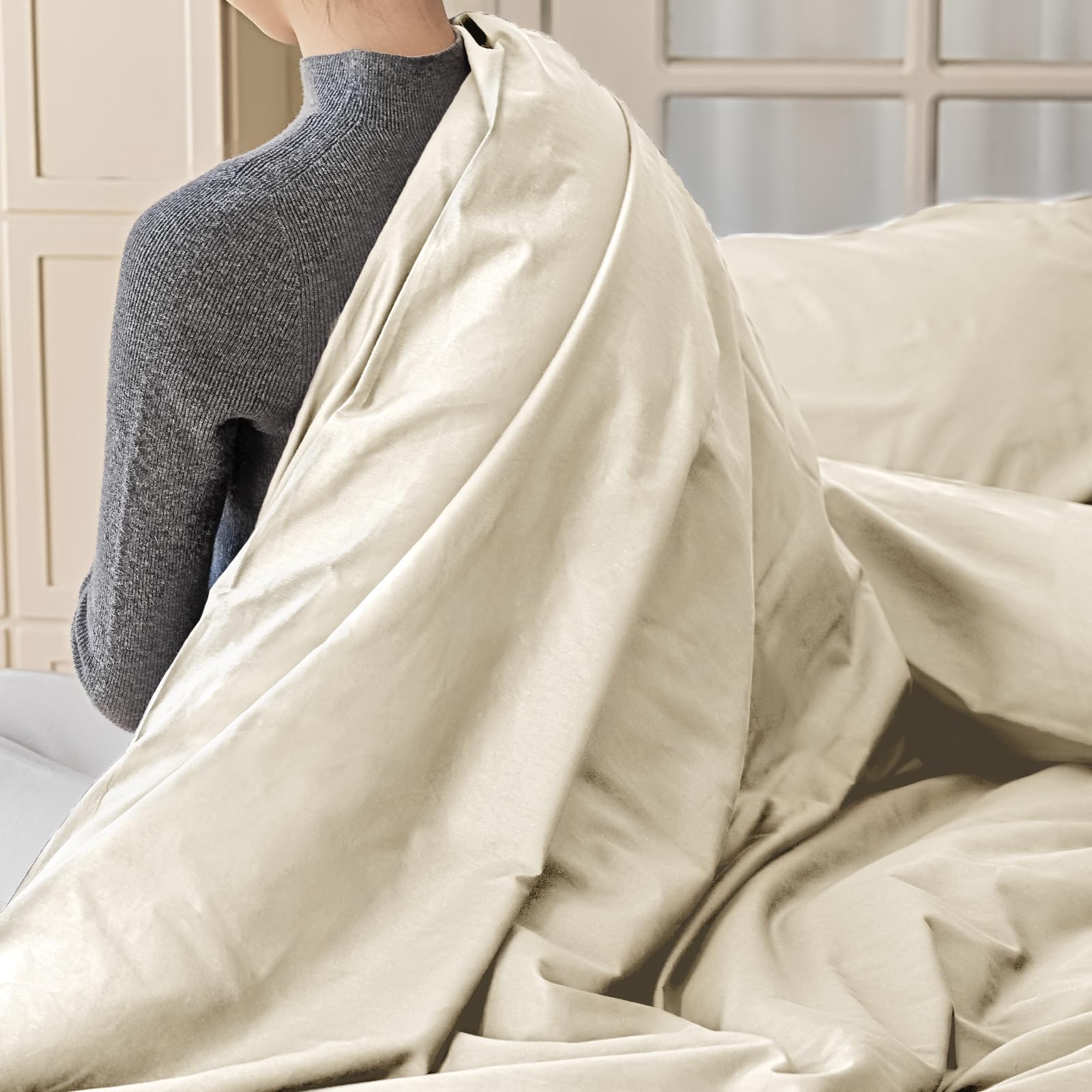 Copripiumino Matrimoniale 100% Cotone - 240x220 Cm, 2 Federe 50x80, OEKO-TEX, Beige - Foto 2