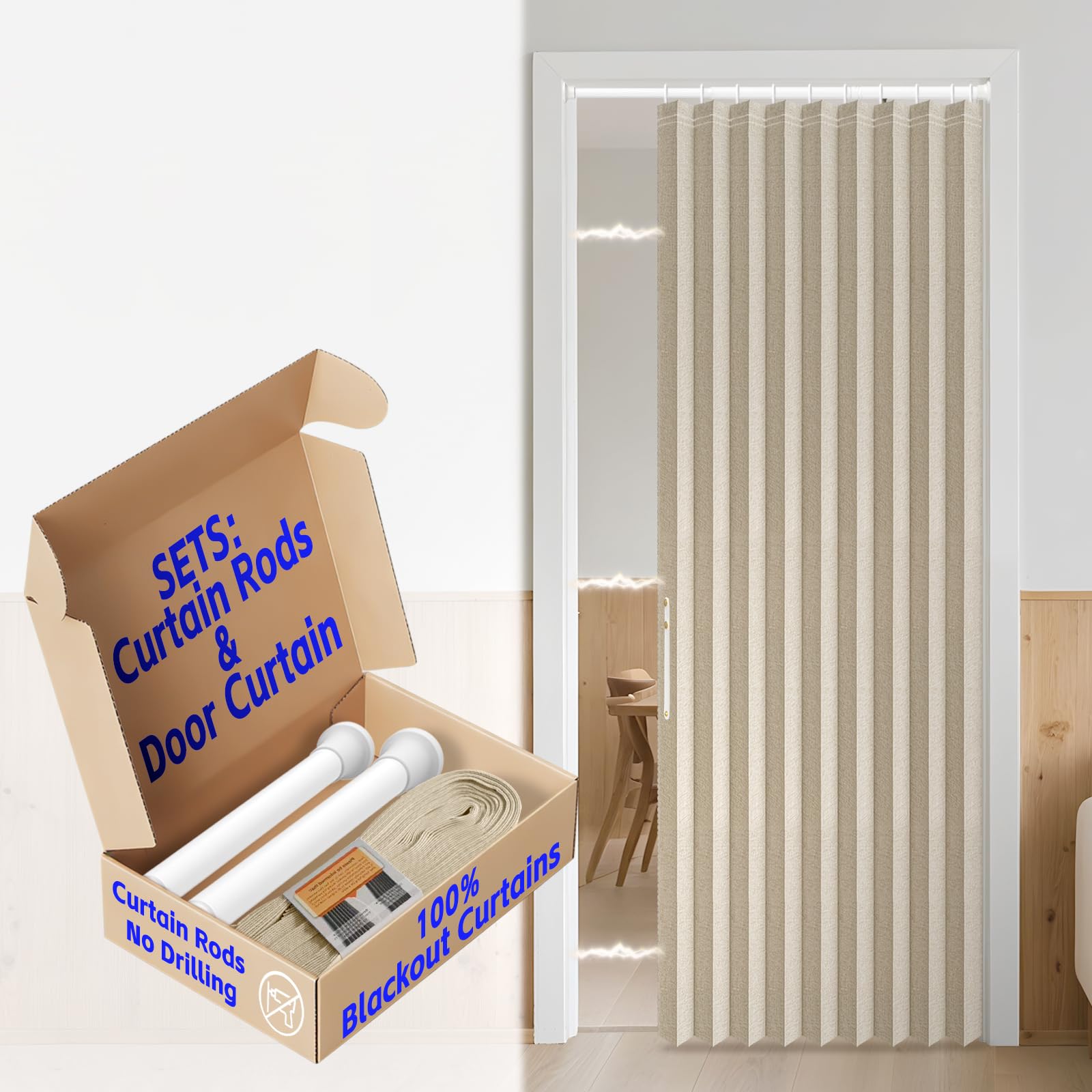 AJAZZ Blackout Accordion Door with Curtain Rods Adjustable 28-39" Long Invisible Sliding Glass Door Curtain for Bedroom Living Room Doorway Curtain Sets (1 Pack, 42 W x 78 L, Cream Yellow)