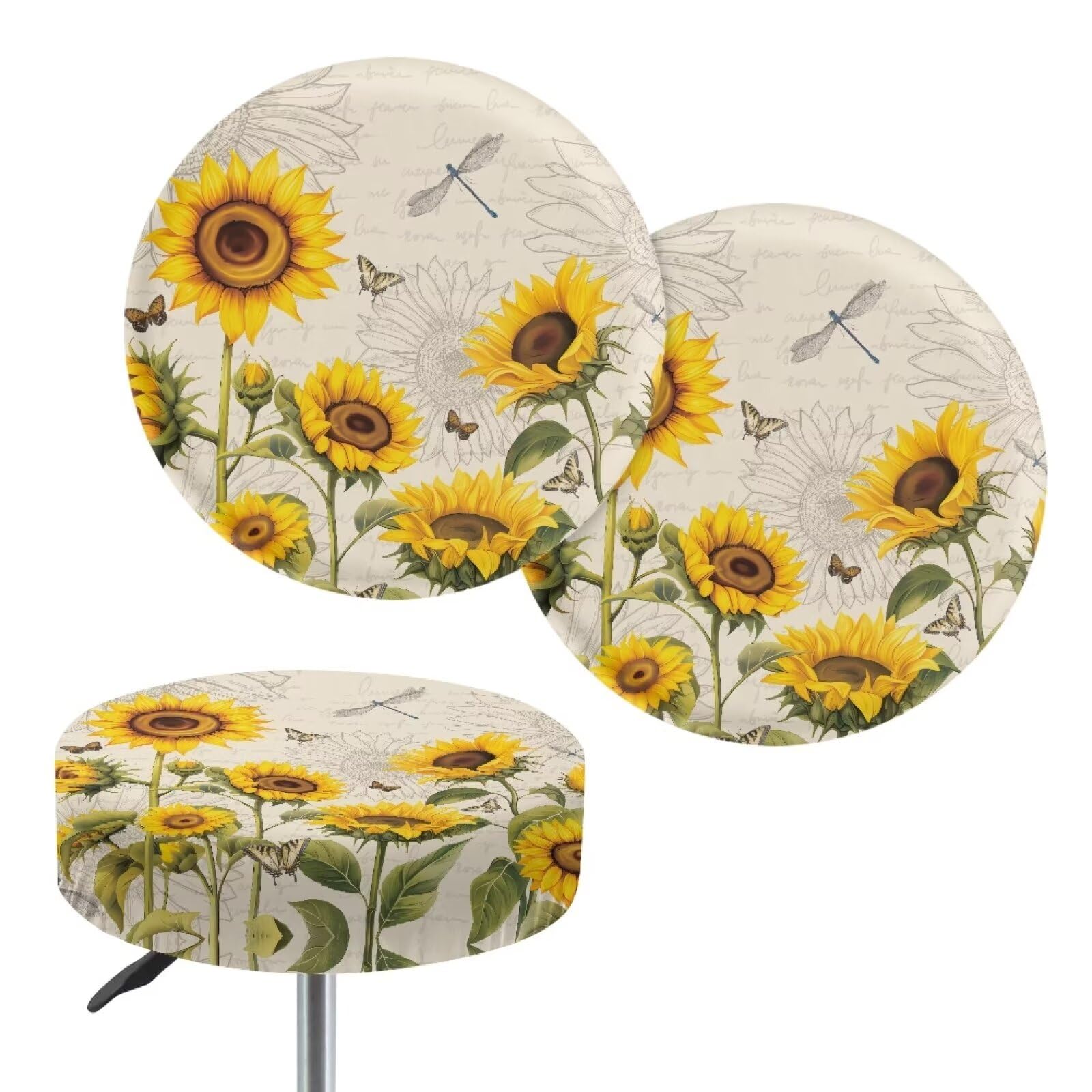 Wiryuouvt Sunflower Elastic Seat Covers for Chairs Dragonfly Covers for Bar Stool Seats Covers for Bar Stools Barstool Cushions Round Barber Chair Cover Protector Elastic Chair Seat Covers