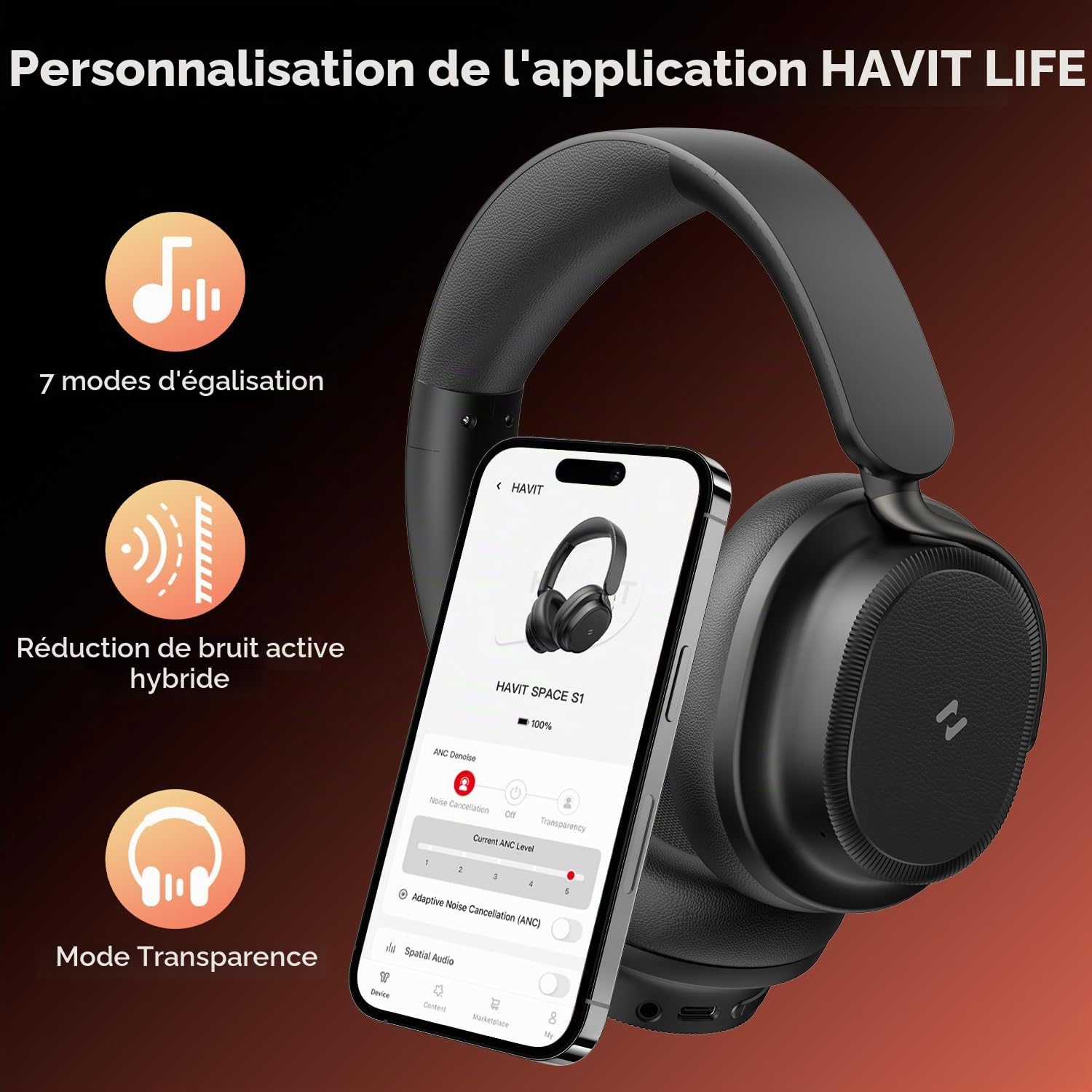 havit SPACE NC01H Casque hybride à suppression active du bruit, casque supra-auriculaire Bluetooth avec 4 micro ENC, 132 heures de lecture, casque pliable avec basses profondes, Bluetooth 6, contrôle