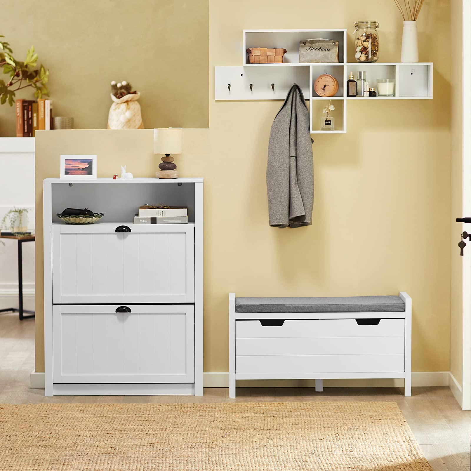 SoBuy Panca scarpiera con cuscino 91x30x50cm per ingresso | Cassapanca contenitore in MDF melaminato con cuscino 5cm, carico 120kg, bianco elegante FSR97-W