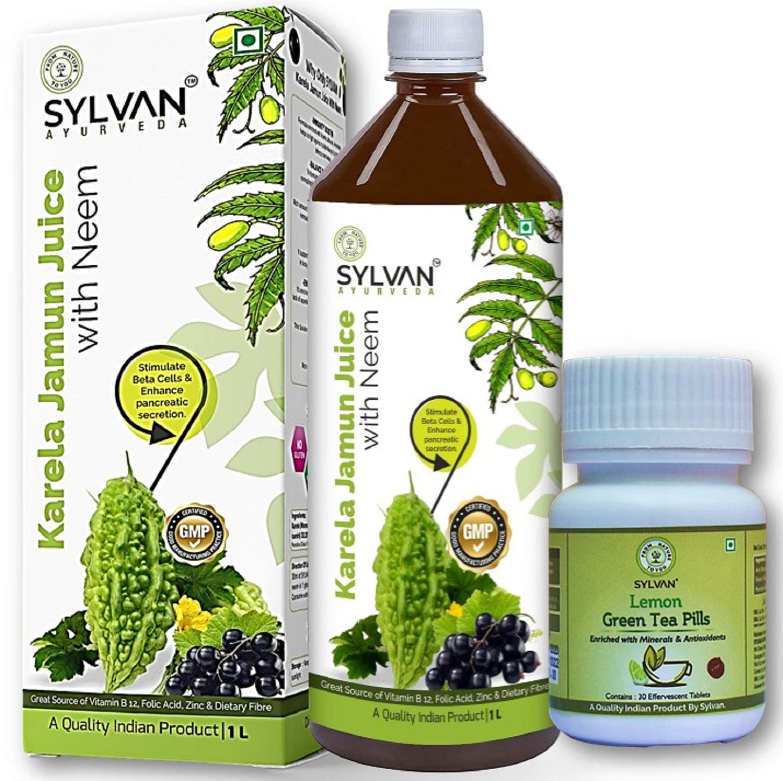Sylvan Karela Jamun Juice 1L & Green Tea 30 Pills COMBO PACK I Effective in Blood Purification & Weight Management I Saver Pack