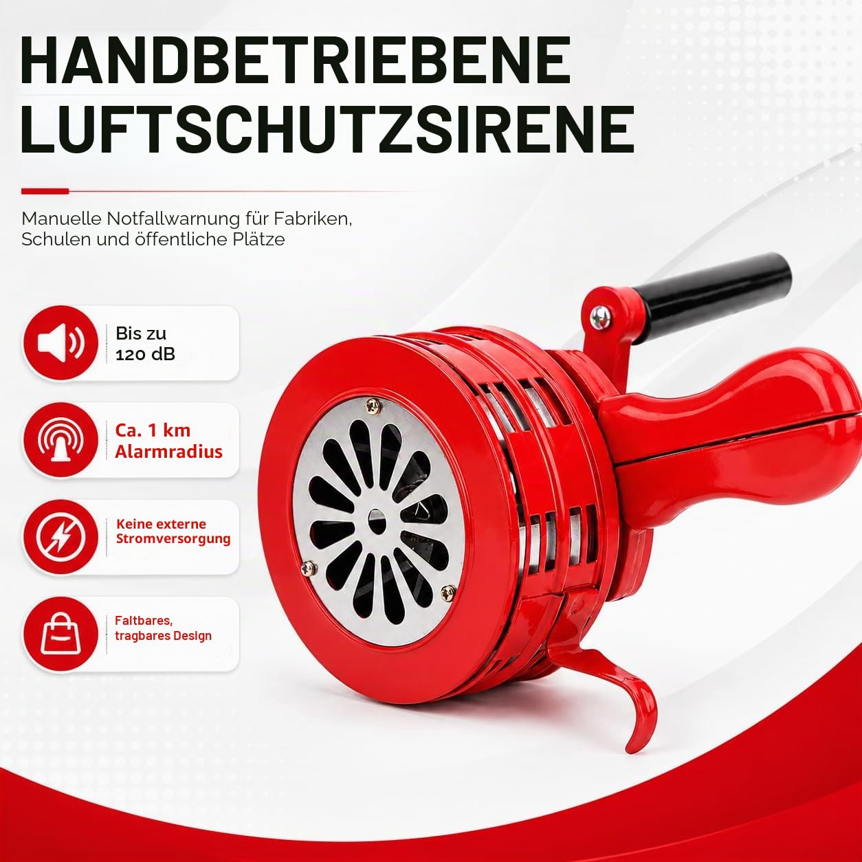 Handkurbel Sirene, 120dB Handsirene Kurbel Alarmsirene Megaphone TröTe Fanfare, Tragbarer Manuell Handsirene Alarm Luftschutzsirene Laute Handkurbel Sirenenhorn FüR Fabriken Schulen