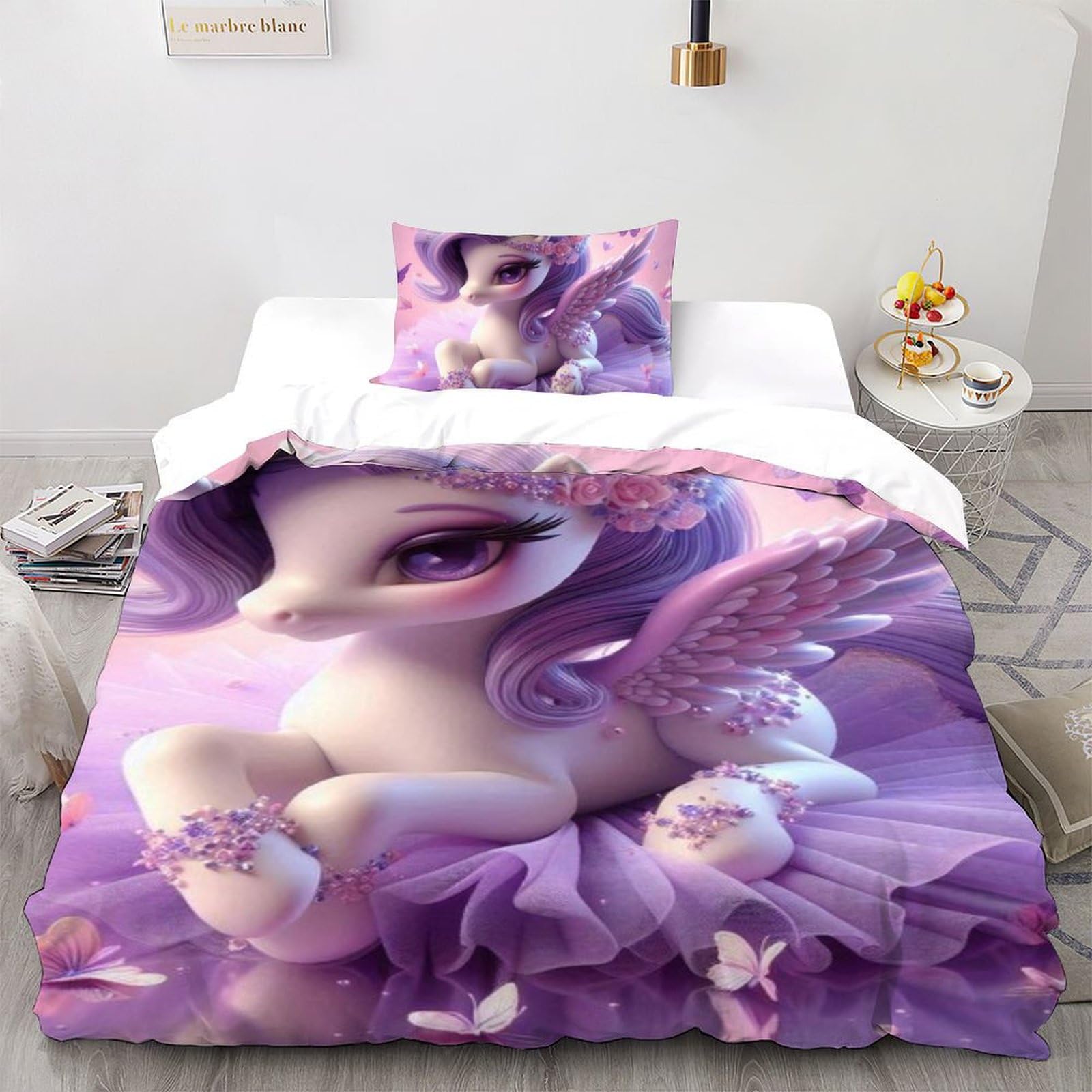 Housse de couette cheval violet pour transformer la chambre enfant en un univers féerique 3D