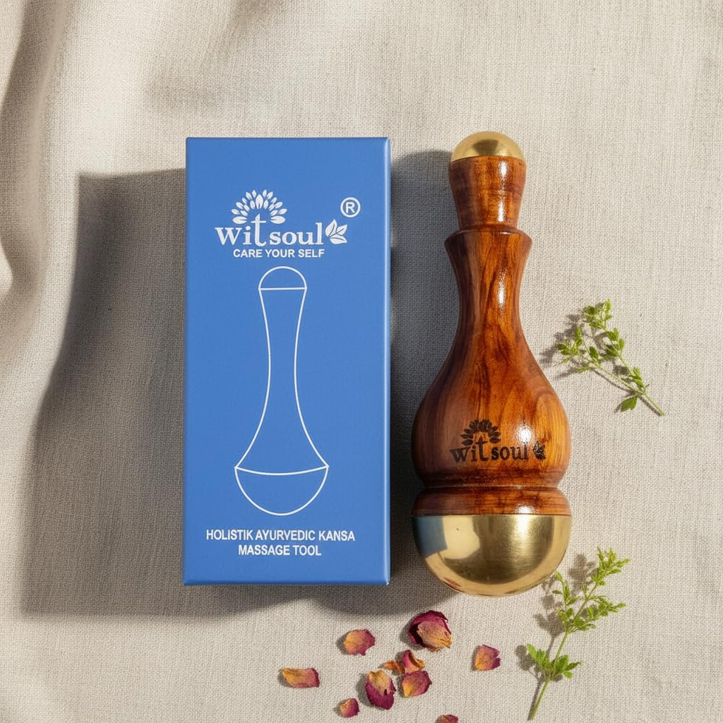 WITSOUL kansa Wand face and Foot Massager/Unique Design - 2 in 1 Massager/Two Different Sizes of Kansa Cups with Teak Wood Handle