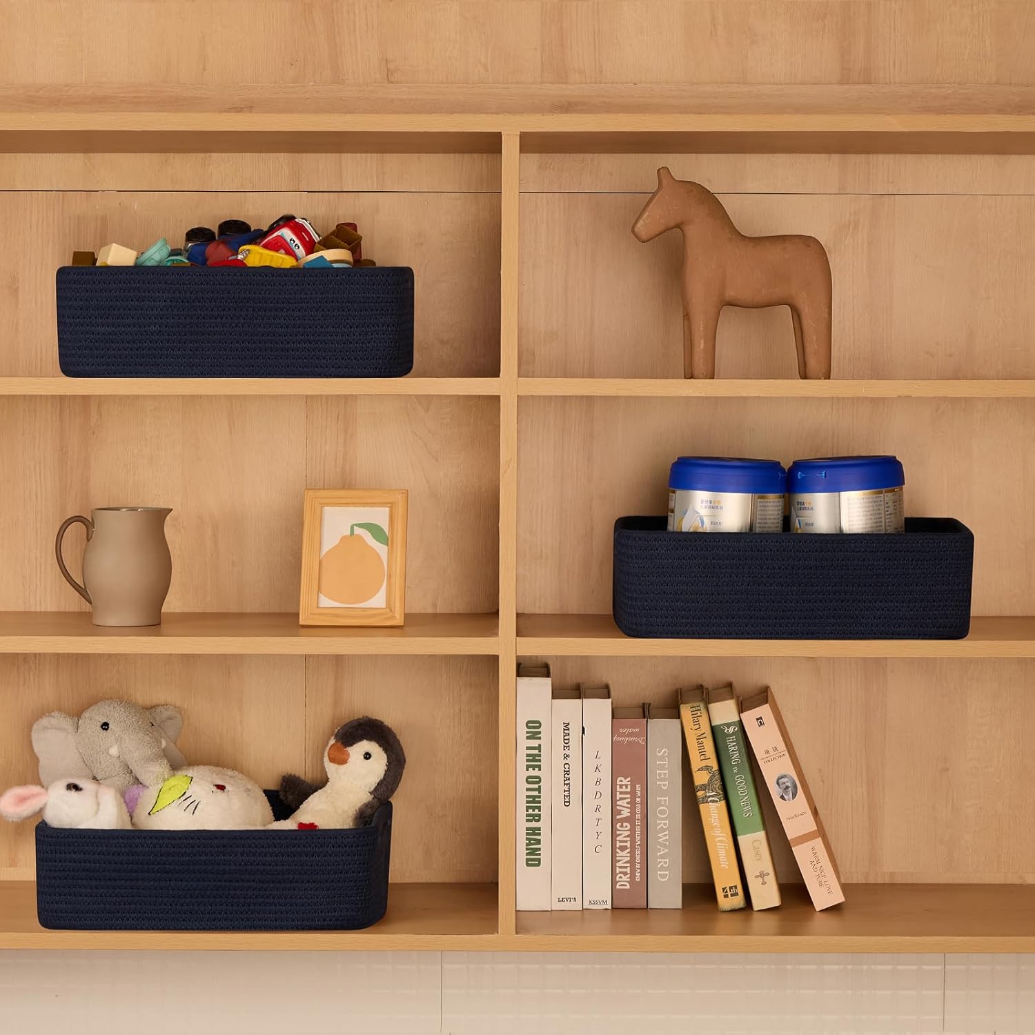 Large Shallow Organizing Baskets 15x11x5.1 Inches - Rope Woven Storage Bins for Bathroom, Shelves, Cube Closet, Navy Blue 2 Packs - Image 3