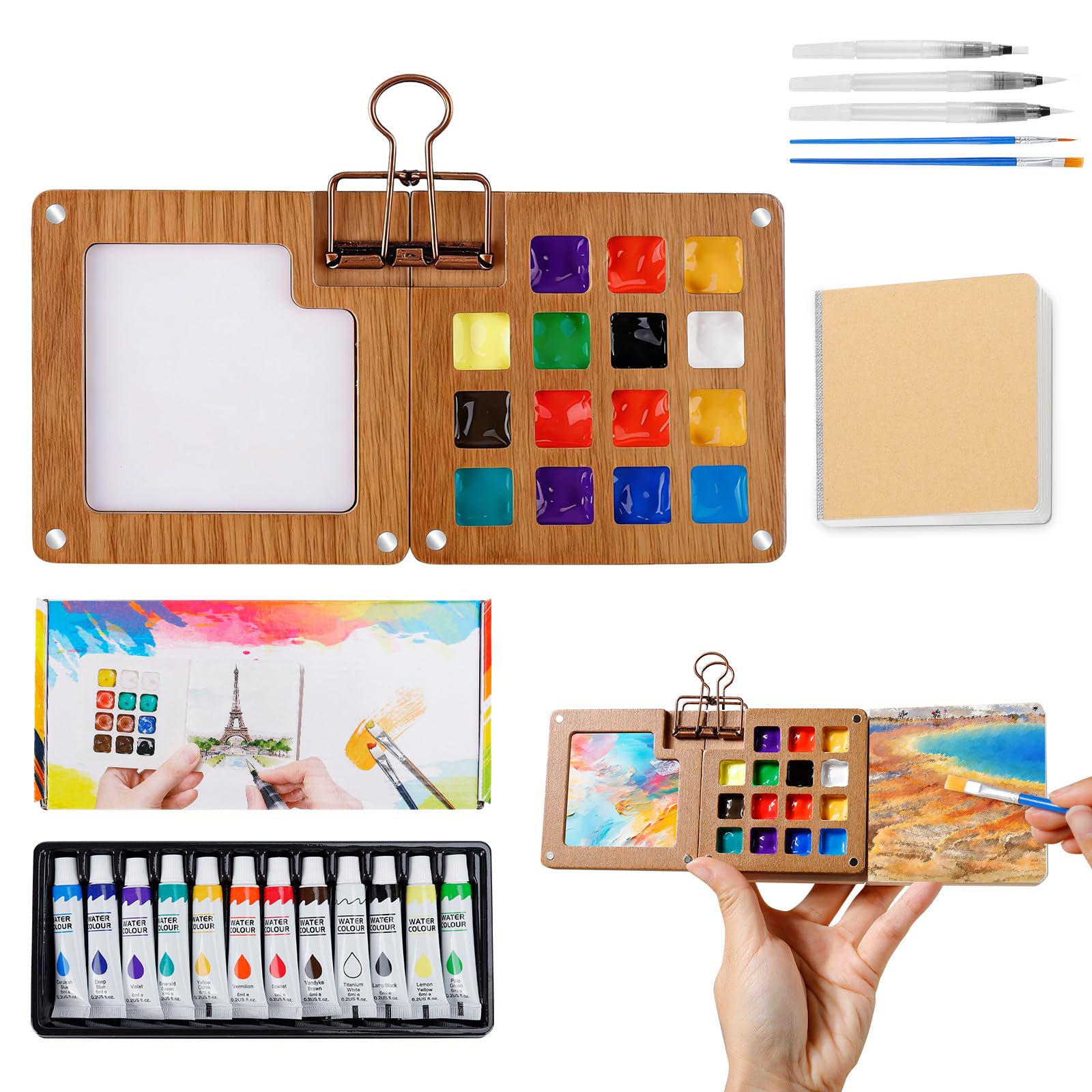 Photo 1 of **MISSING SOME ITEMS** Watercolor Paint Set 12 Colors, 15-Compartment Mini Travel Watercolor Kit with 5 Brushes & Sketchbook, Portable Wooden Box with Color Storage Case for Plein Air & Urban Sketching