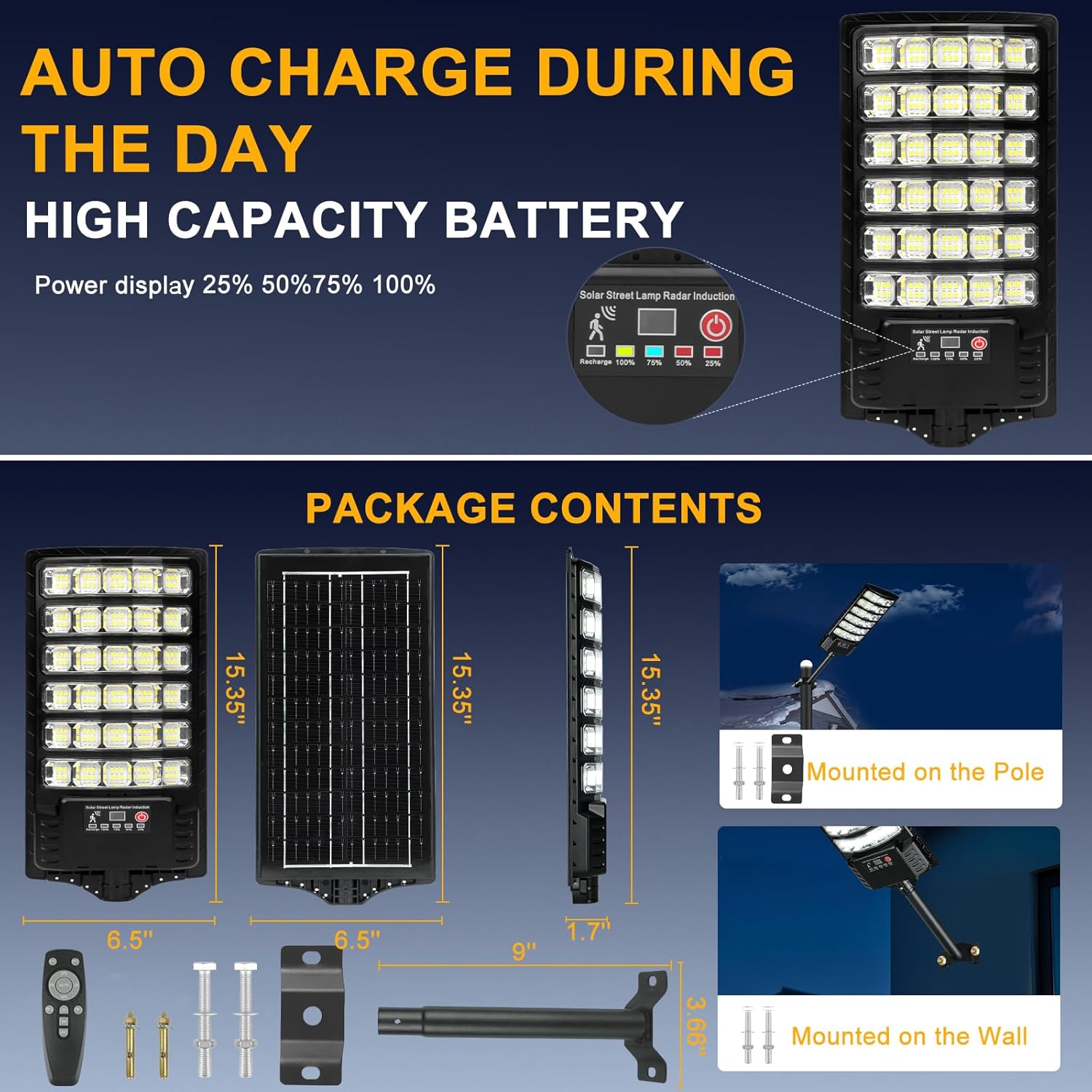 4-Pack Solar Street Lights, 25000lm Outdoor Flood Light, 2 Motion Sensor Modes, Dusk to Dawn, IP66 Waterproof Solar Powered Parking Lot Light with Remote Control, 6500k Dimmable Security Lamp