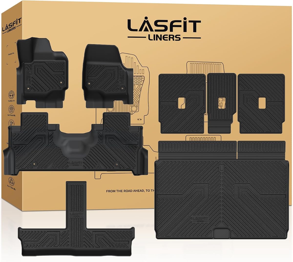LASFIT Floor Mats for 8 Seats 2025 2026 2027 Ford Expedition MAX | Cargo Mats All Weather TPE Custom Fit for Car Liners,1st&2nd&3rd,(Only Fit 3rd Row 40/20/40 Split Bench seat) 5pcs