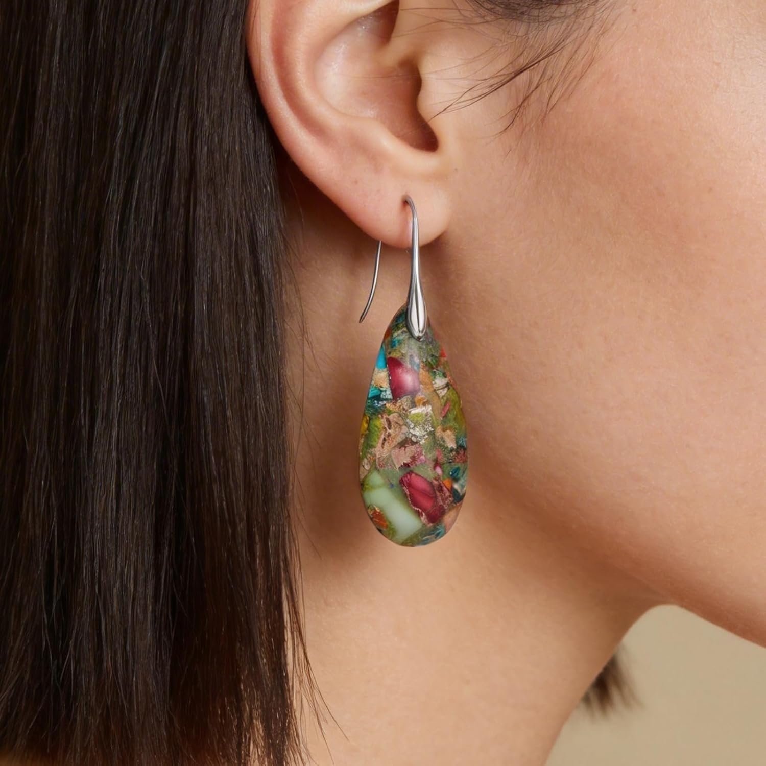 Sriomu Statement Earrings | Natural Stone Fish Hoop Dangle | Gold & Silver - Image 2