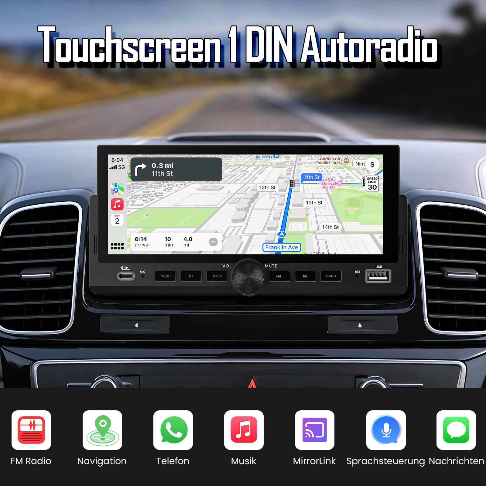 Autoradio 1 DIN mit Wireless CarPlay & Android Auto, Bluetooth Freisprecheinrichtung, FM Radio, Bildschirm, Lenkradsteuerung, MirrorLink, Aux-Eingang, Equalizer (6,86 Zoll mit Rückfahrkamera)