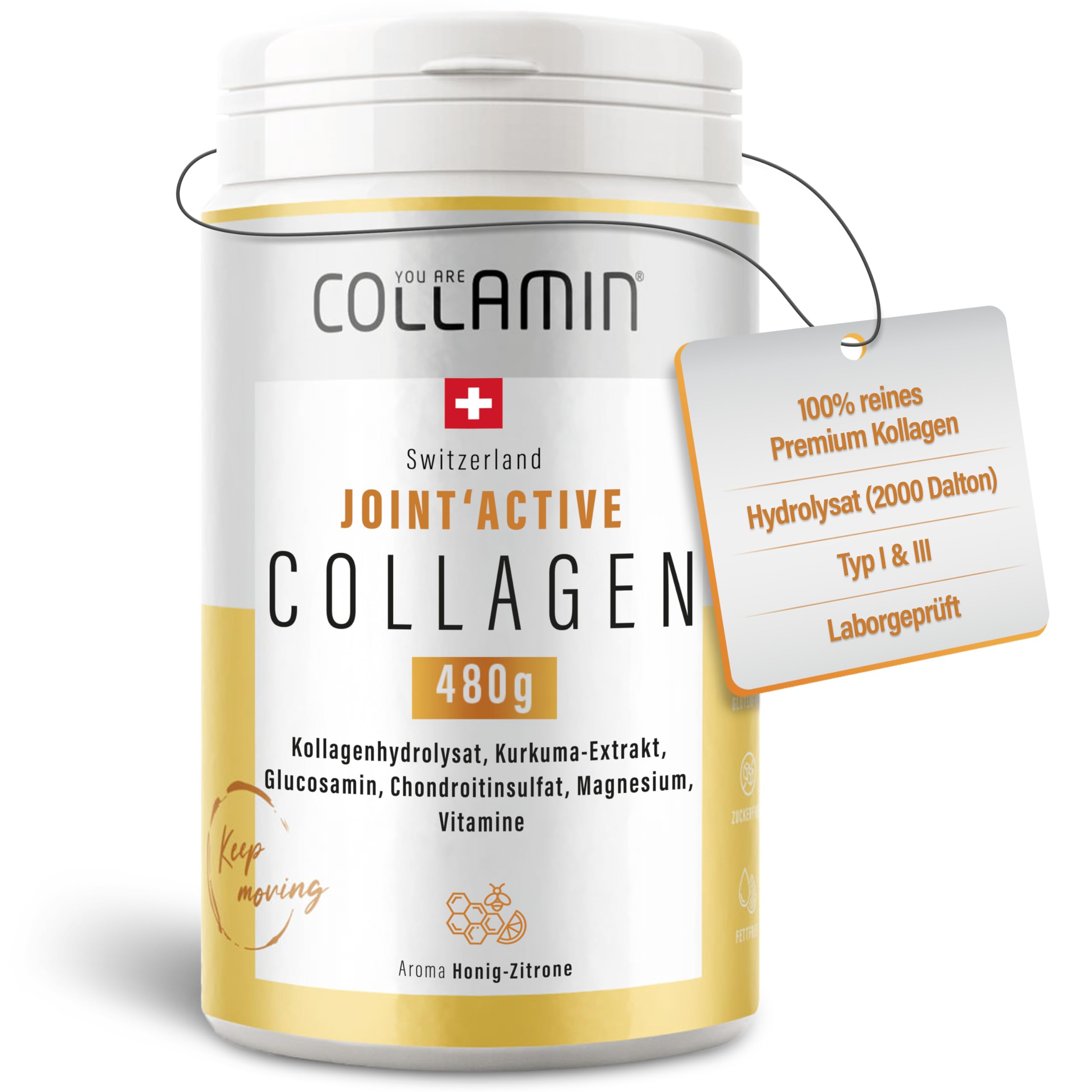 Joint'Active Collagen Pulver - 480g I Kollagen Pulver mit Kurkuma, Vitamin C, Hyaluron & Mehr I Hydrolysiertes Kollagen (Rind) mit Honig-Zitronen Aroma I Kollagen - Made in Switzerland