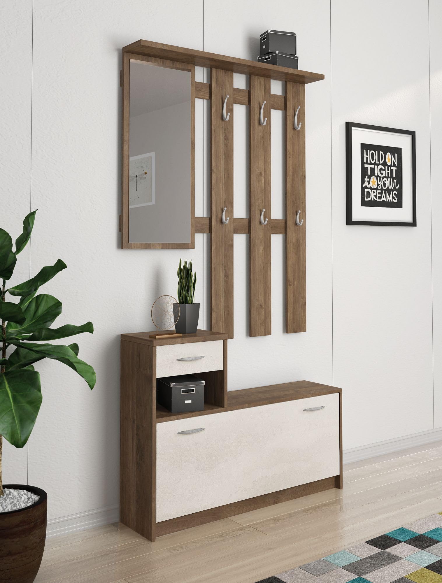 Bissolo Casa, Mobile da Ingresso Ken, Noce Eastwood e Spatolato, Laminato, 72.5x100x25, Mobili da Ingresso Moderni e Salvaspazio, Design Funzionale per Ottimizzare l’ambiente