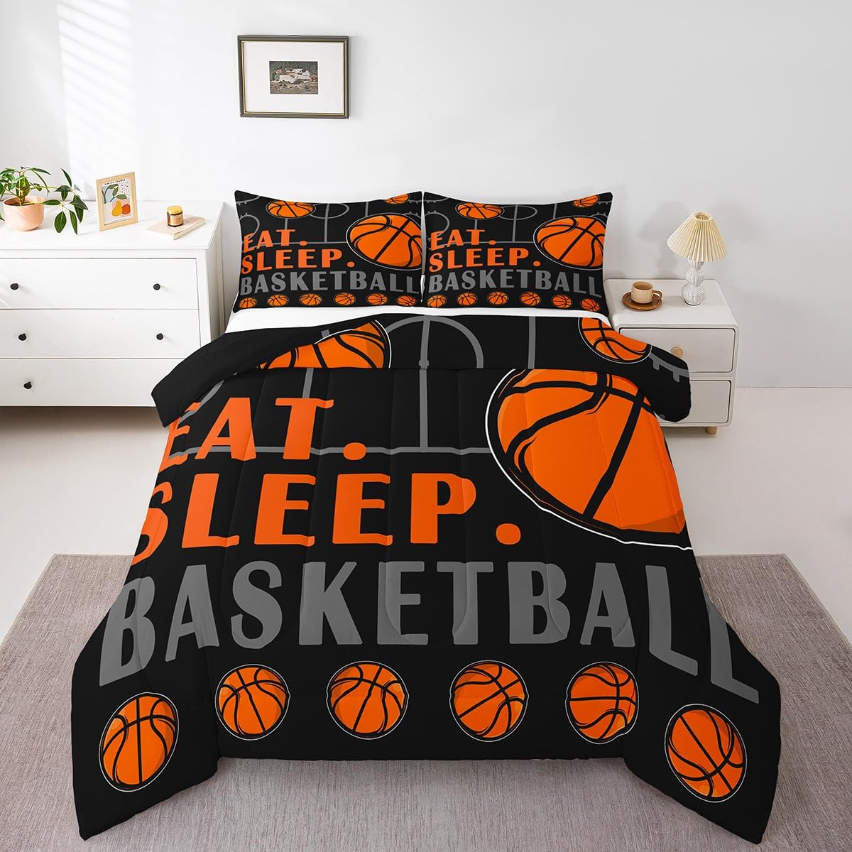 Basketball Toddler Comforter Set - Sports Bedding for Boys, Teen Sport Game Ball Theme Down Comforter, Basketball Decor for Kids Bedroom, 2 Pcs Black Orange