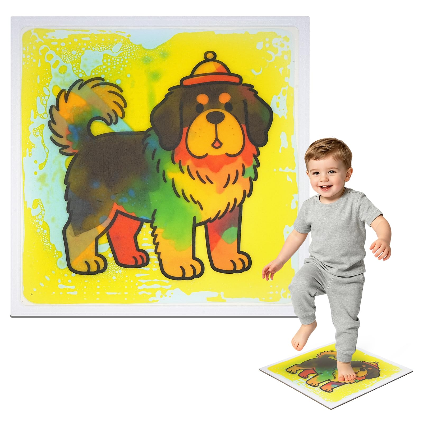 Ymoryiyi 15.7x15.7in Blue Yellow Dog Liquid Sensory Tile for Kids, 1 Pack