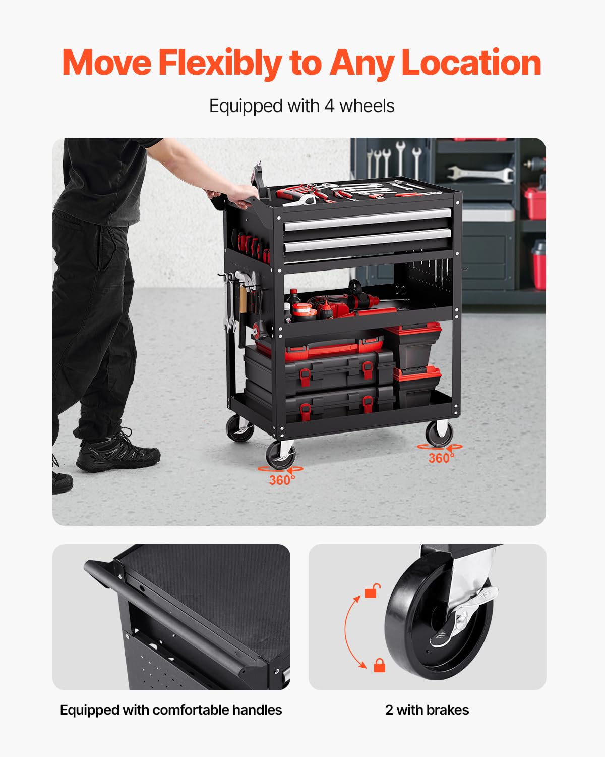 VEVOR Carrello Portautensili a 5 Ripiani con Ruote, Carico 181,4 kg Carrello da Lavoro con 2 Cassetti e Pannello Forato, Organizzatore per Utensili Meccanici con Sistema di Bloccaggio per Garage, Nero