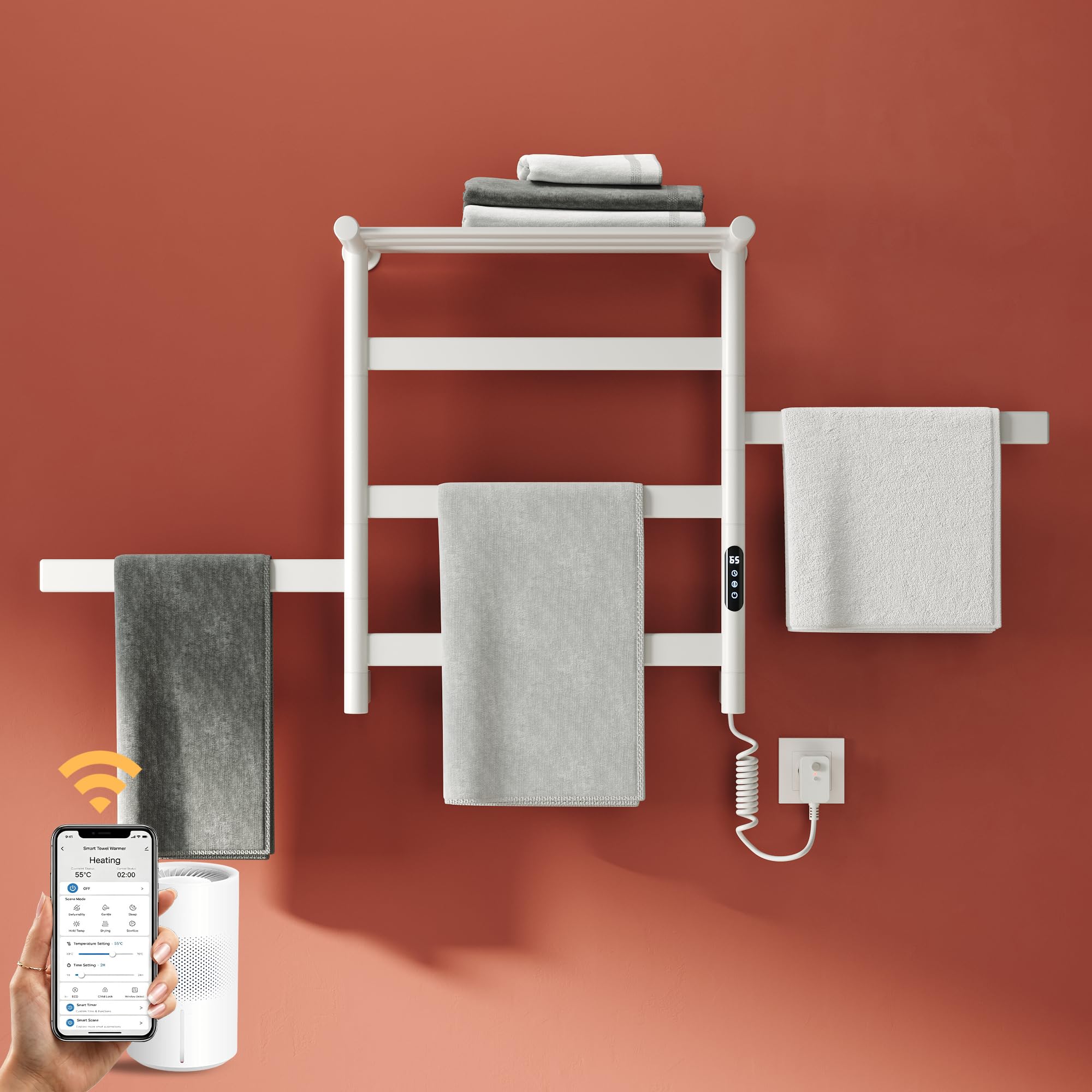 SONNI Elektrischer Handtuchhalter mit Beheizter Ablage 660x550mm, 140W Badheizkörper Elektrisch, Tuya WLAN/App, Carbonfaser Handtuchwärmer, Stecker/Unterputz, 2 Schwenkarme, Weiß
