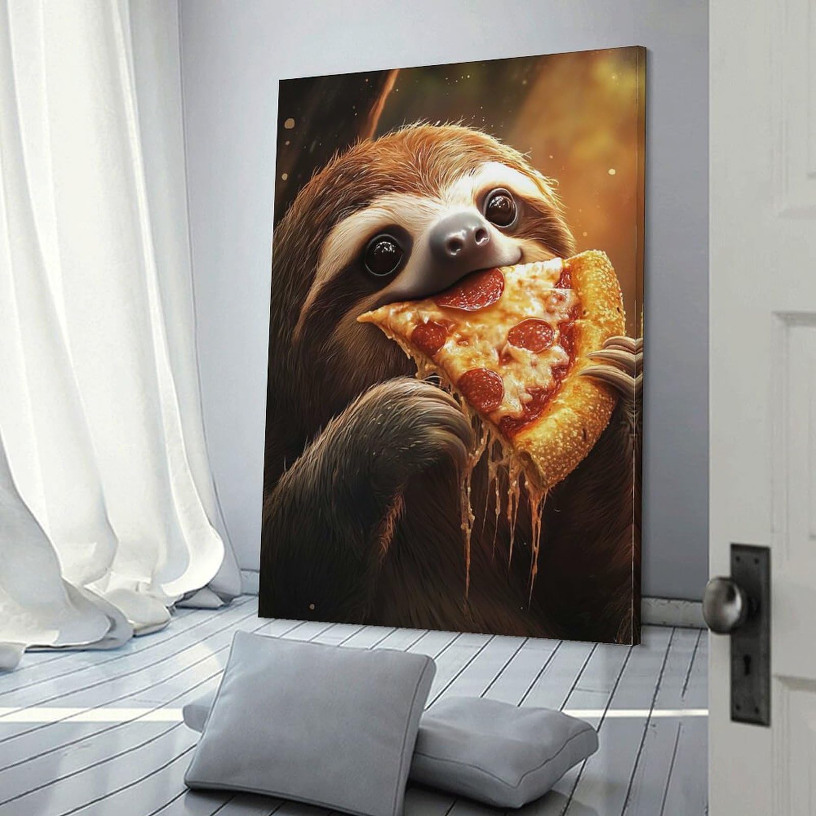 POLIUAWS Sloth Eating Pepperoni Salami Pizza Wall Art - Leinwand Wandbild Poster Modern Dekorationen Für Das Wohnzimmer,Büro,Küche,Schlafzimmer 20x30inch(50x75cm)