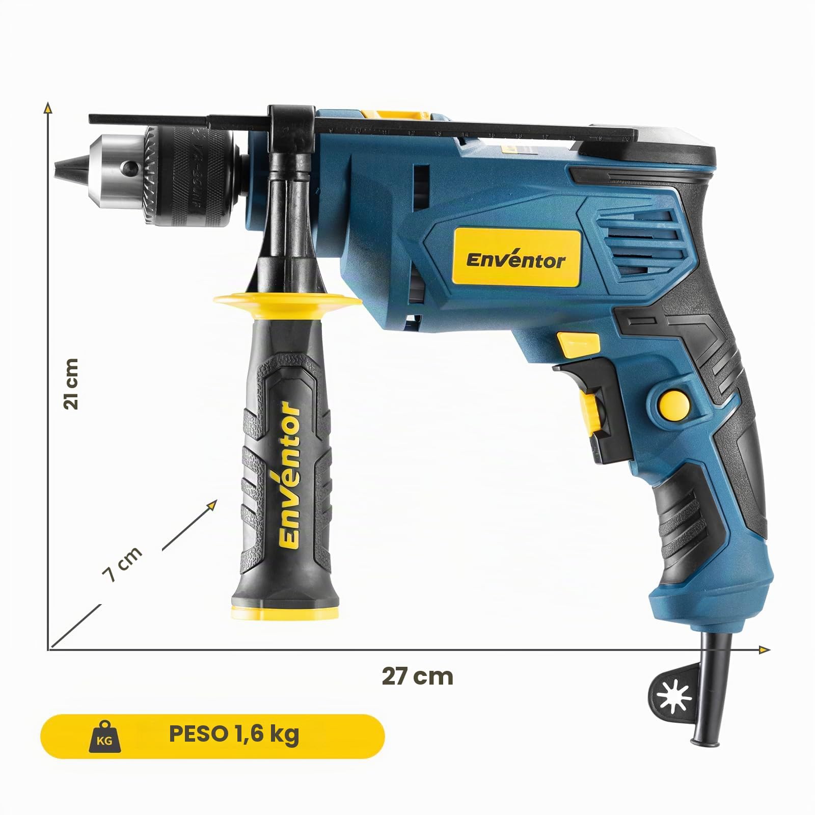 Enventor Taladro Percutor con Cable 750W, Mango Auxiliar de 360° | Función 2 en 1, Velocidad Variable 0-3100RPM, , Portabrocas de 13MM, para Concreto, Metal y Madera