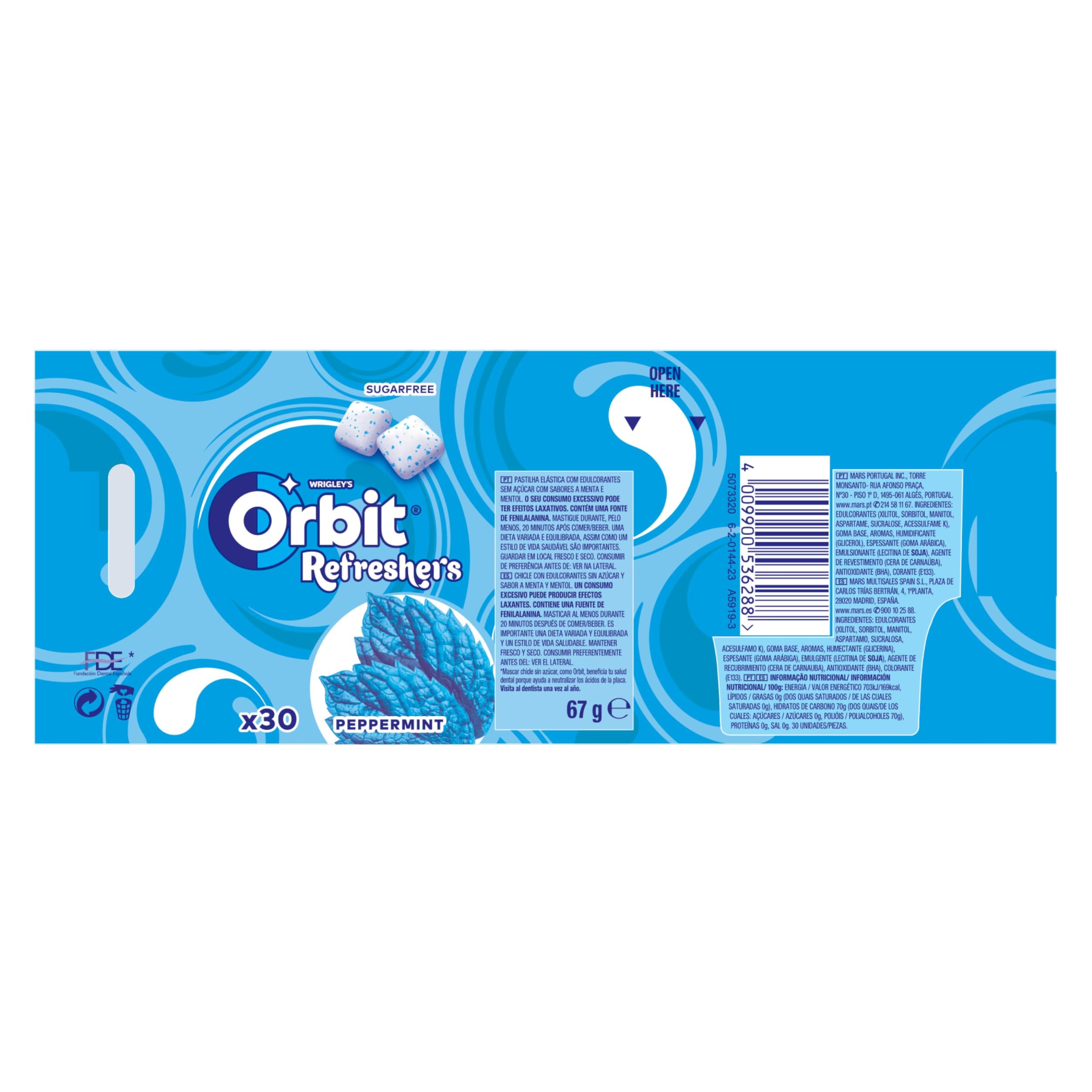 Orbit Refreshers Chicles Sin Azúcar Sabor Menta Frescura Inmediata 6x30