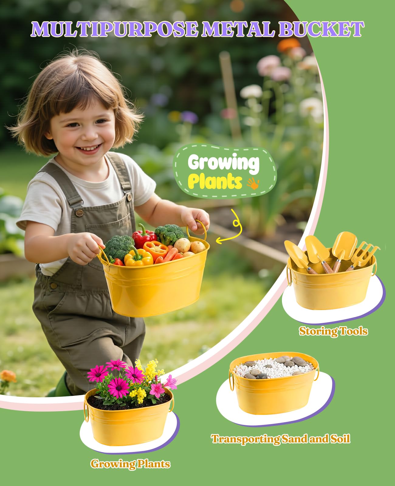 8-teiliges Garten-Set für Kinder mit Metallkorb – STEM-Outdoor-Set, ergonomische Holzgriffe, 3 Schaufeln, Rechen, Gießkanne, Handschuhe – Geschenk für Kleinkinder (Jungen & Mädchen), Gelb
