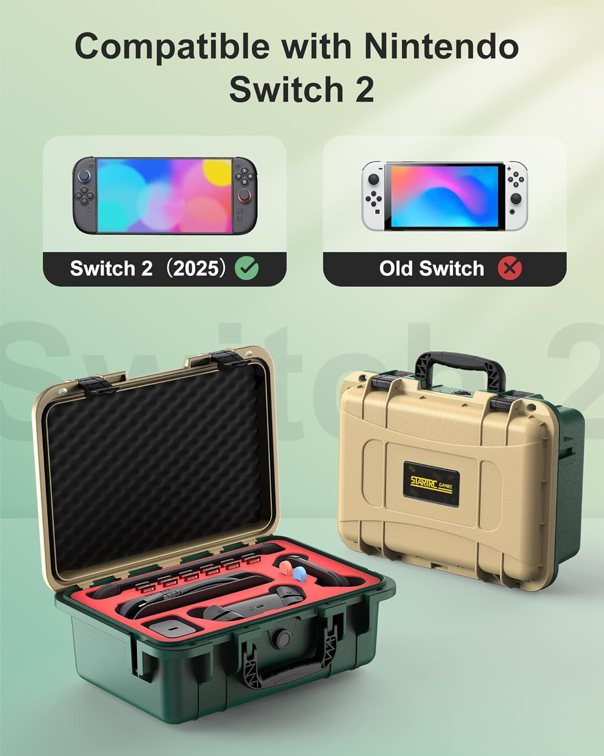 STARTRC GAMES Hard Carrying Case for Nintendo Switch 2, Professional Deluxe IP67 Waterproof, Soft Lining Hard Travel Case for Nintendo Switch 2 Console Pro Controller & Accessories (Yellow & Green) - Image 3
