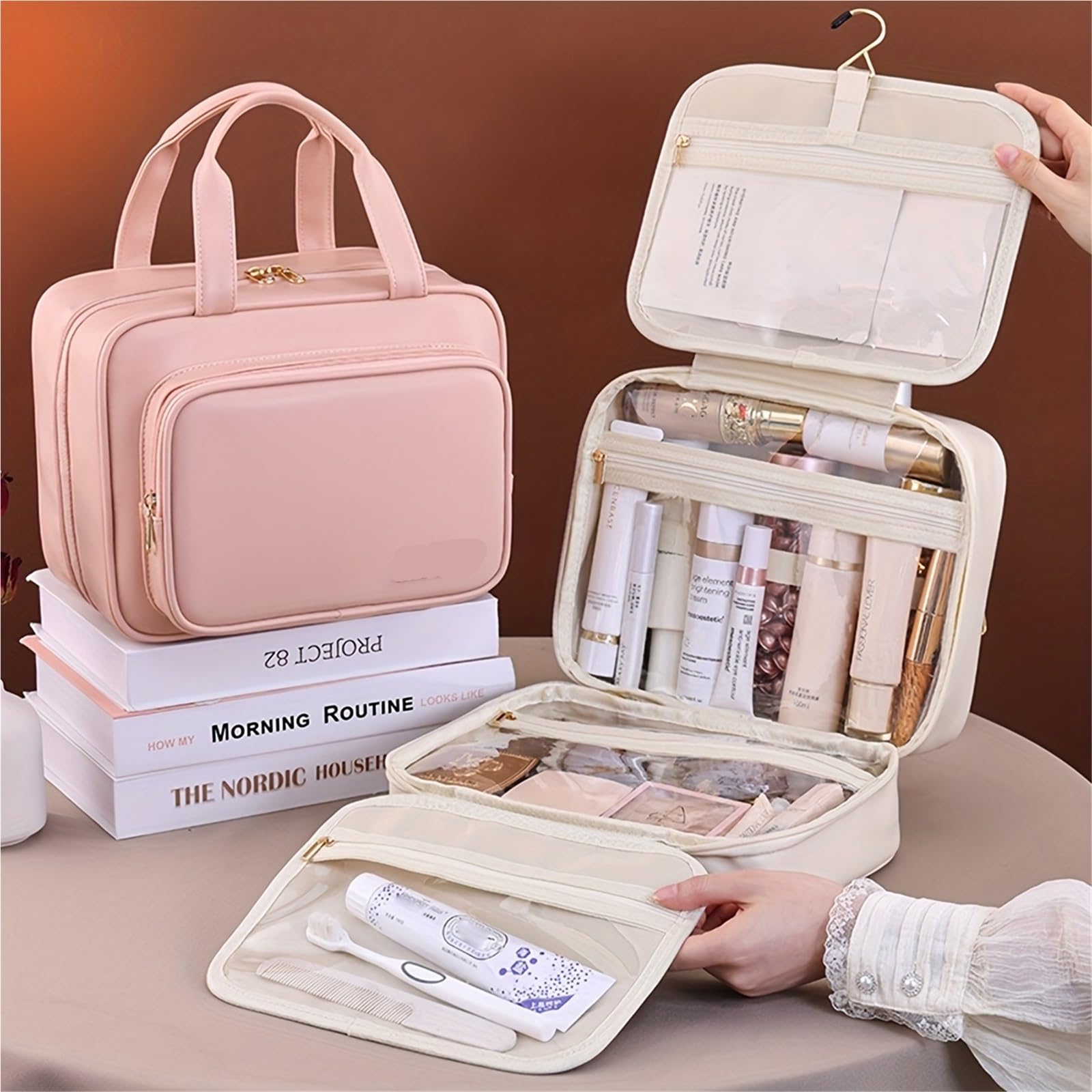 Borsa cosmetica da appendere in pelle 1 pezzo for donna, organizer portatile for trucco, borse viaggio di grande capacità Per Viaggi(Black)
