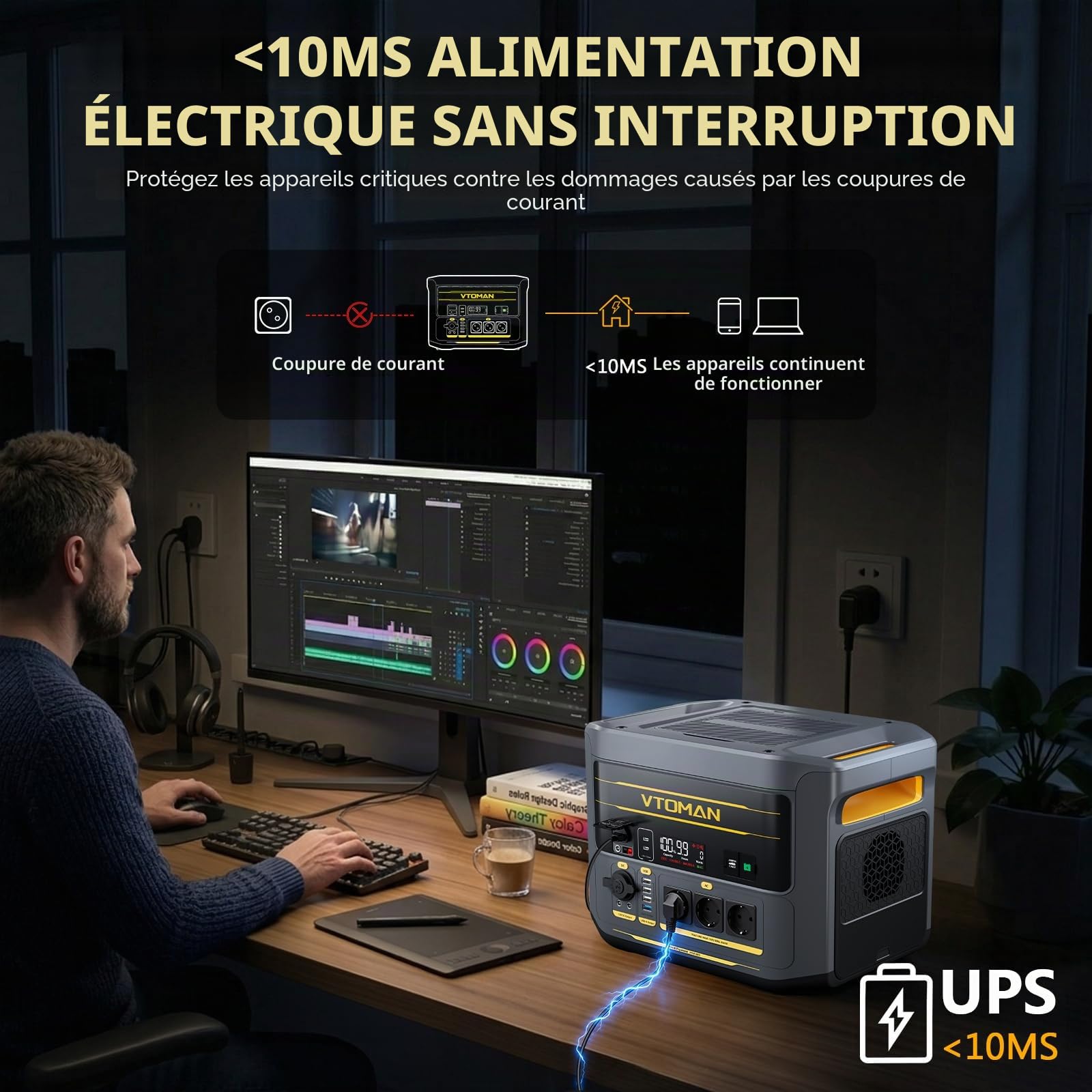 VTOMAN FlashSpeed 2400 - Station d'alimentation portable avec câble de secours, 2400 W CA (3200 W crête), batterie LiFePO₄ de 1408 Wh, extensible jusqu'à 2688 Wh, charge rapide en 1 heure, générateur