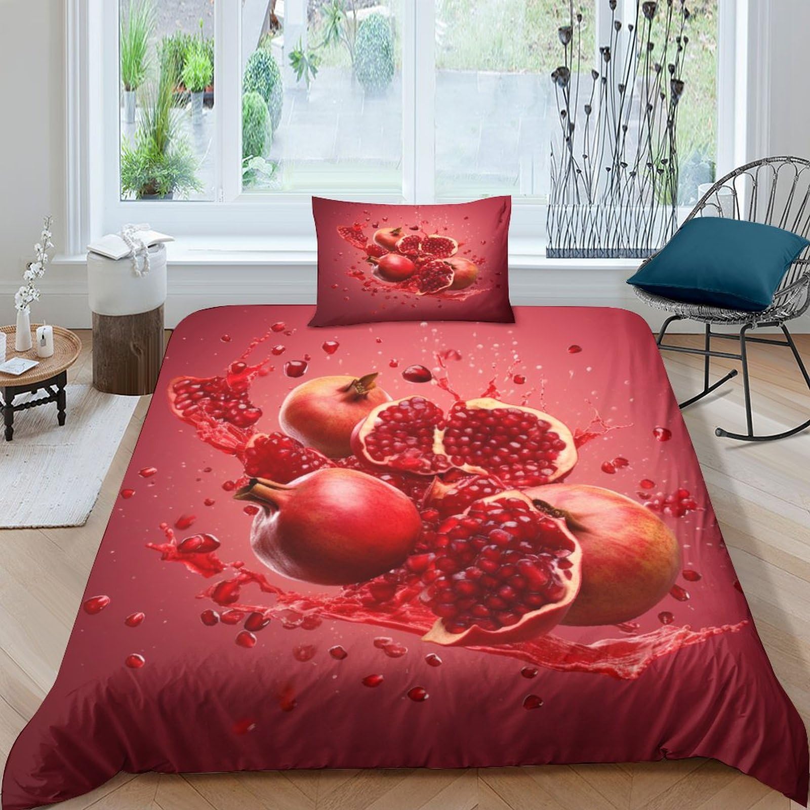 IVYARD Pomegranate 3D Printed Quilt Cover 2 Pieces Bedding Set Soft Easy Care with Zipper Closure，Pillowcases for Teens And Adults Single（135x200cm）