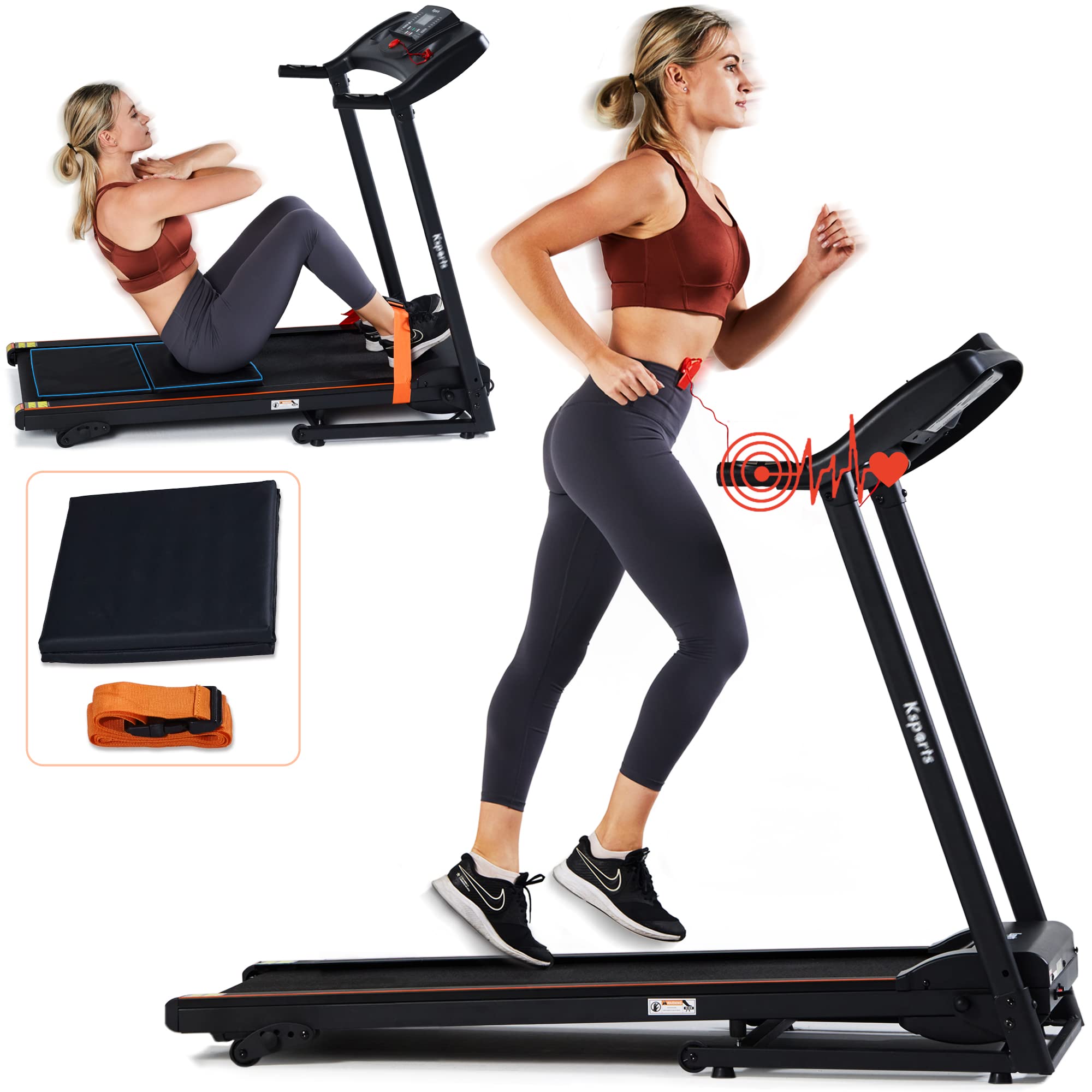 Ksports Foldable 16.5 Inch Cardio Fitness Portable Treadmill with Bluetooth Connectivity, LCD Display, and Tracking Apps for Home Gym Equipment, Black