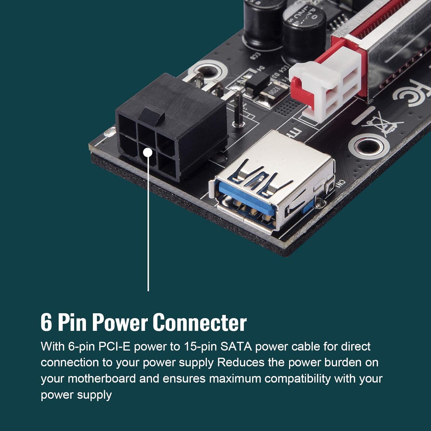PCIE Riser 1X to 16X GPU Riser Card VER009S, 0.6m USB 3.0 Extension Cable-6PIN SATA Power Cable-GPU Extender Adapter Board (6 Pack)