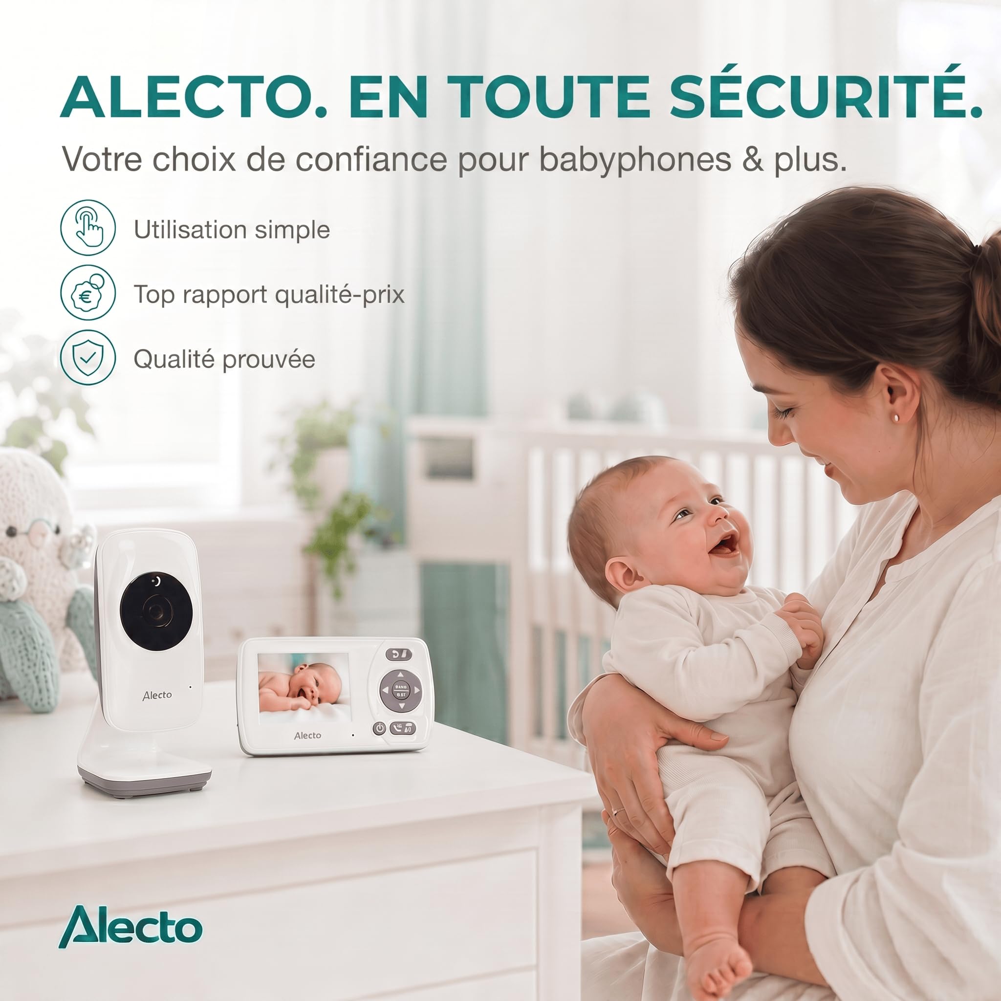 Alecto DVM71 Babyphone avec caméra - Moniteur bébé écran 2,4" - Caméra bébé - Portée 50 m - Batterie 10 Heures - Blanc/Taupe