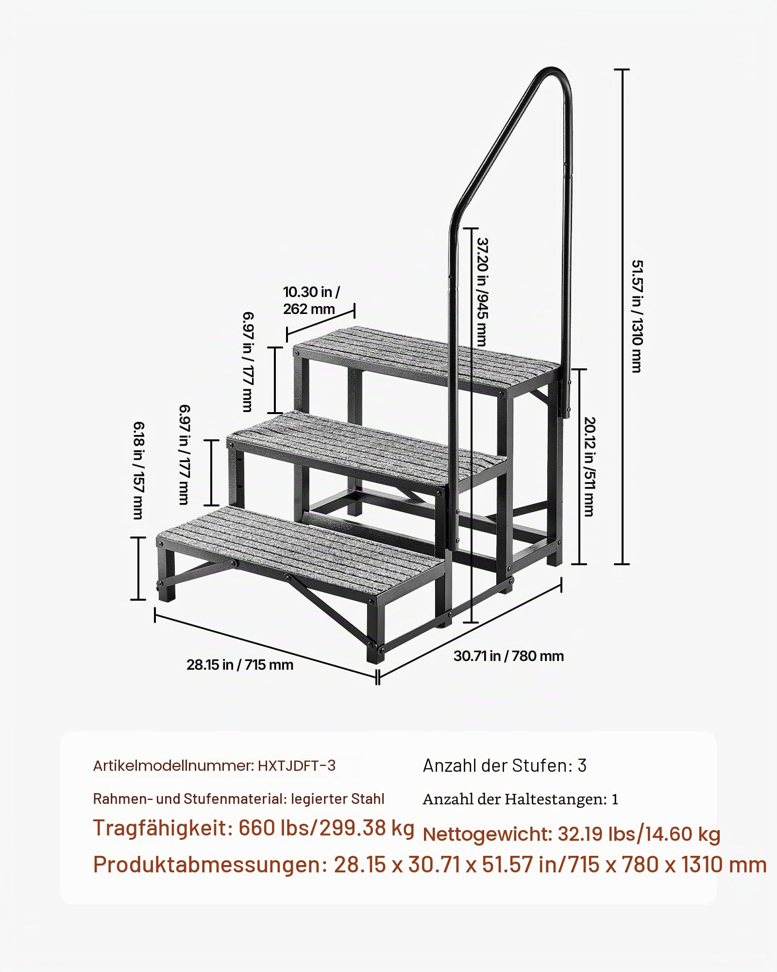 VEVOR RV Treppe mit Handlauf, 3-stufige Tragbare Standtreppe mit 299,38 kg Tragkraft rutschfeste Trittstufe für Camper Mobilheime Pool und Spa Robuste Außentreppe Ideal für Senioren und Haustiere