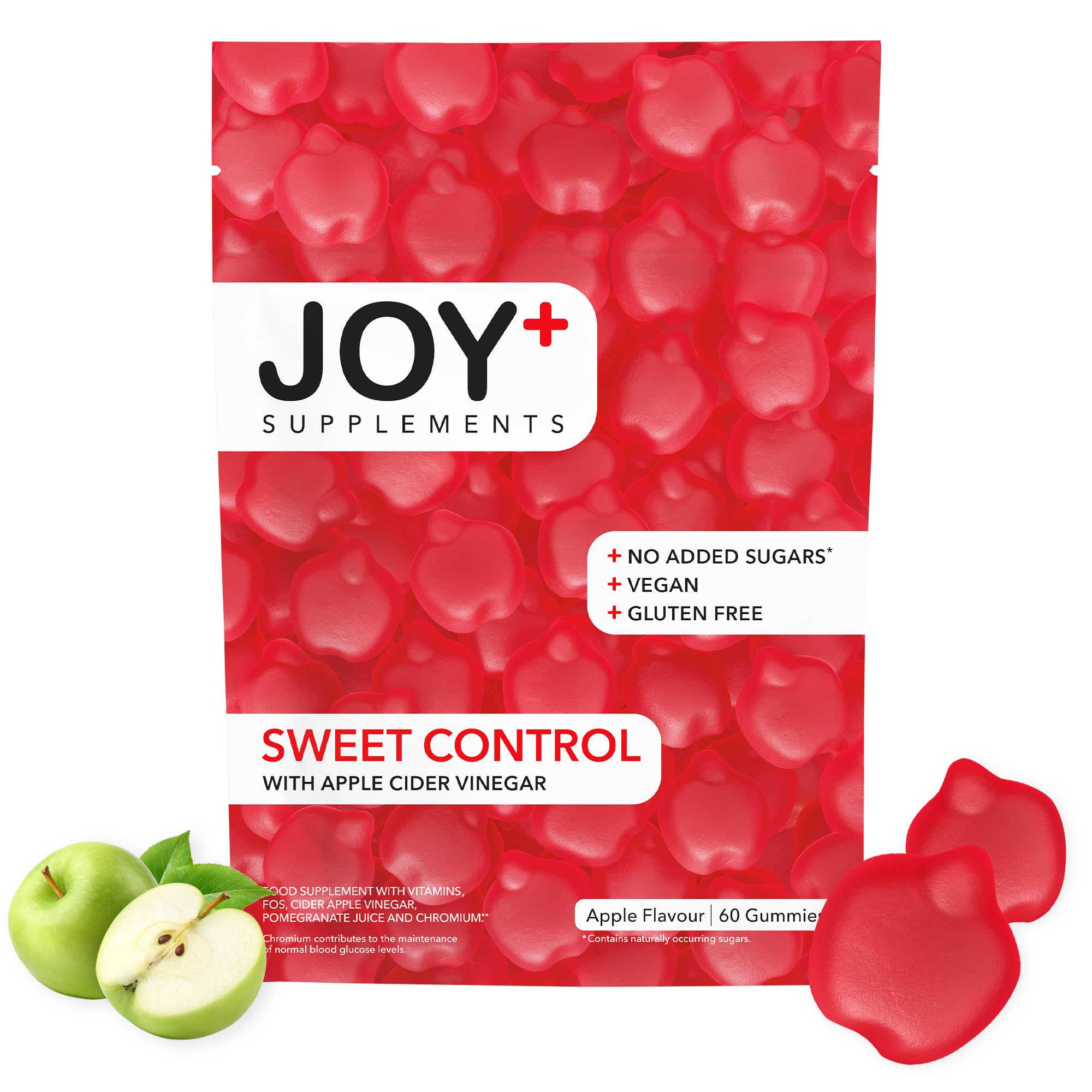 JOY+ - SWEET CONTROL - Gominolas para el Control de Glucosa con Vinagre de Manzana, Cromo, Ácido Fólico, Vitaminas B6 y B12. Sabor Manzana. 60 Gummies. Sin Azúcares añadidos - 1