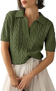 Women's Cable Short Sleeve Sweaters Tops Solid Lapel V Neck Knit Casual ...