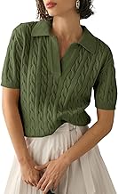 Imily Bela Women's Cable Short Sleeve Sweaters Tops Solid Lapel V Neck Knit Casual Soft Pullover Shirt