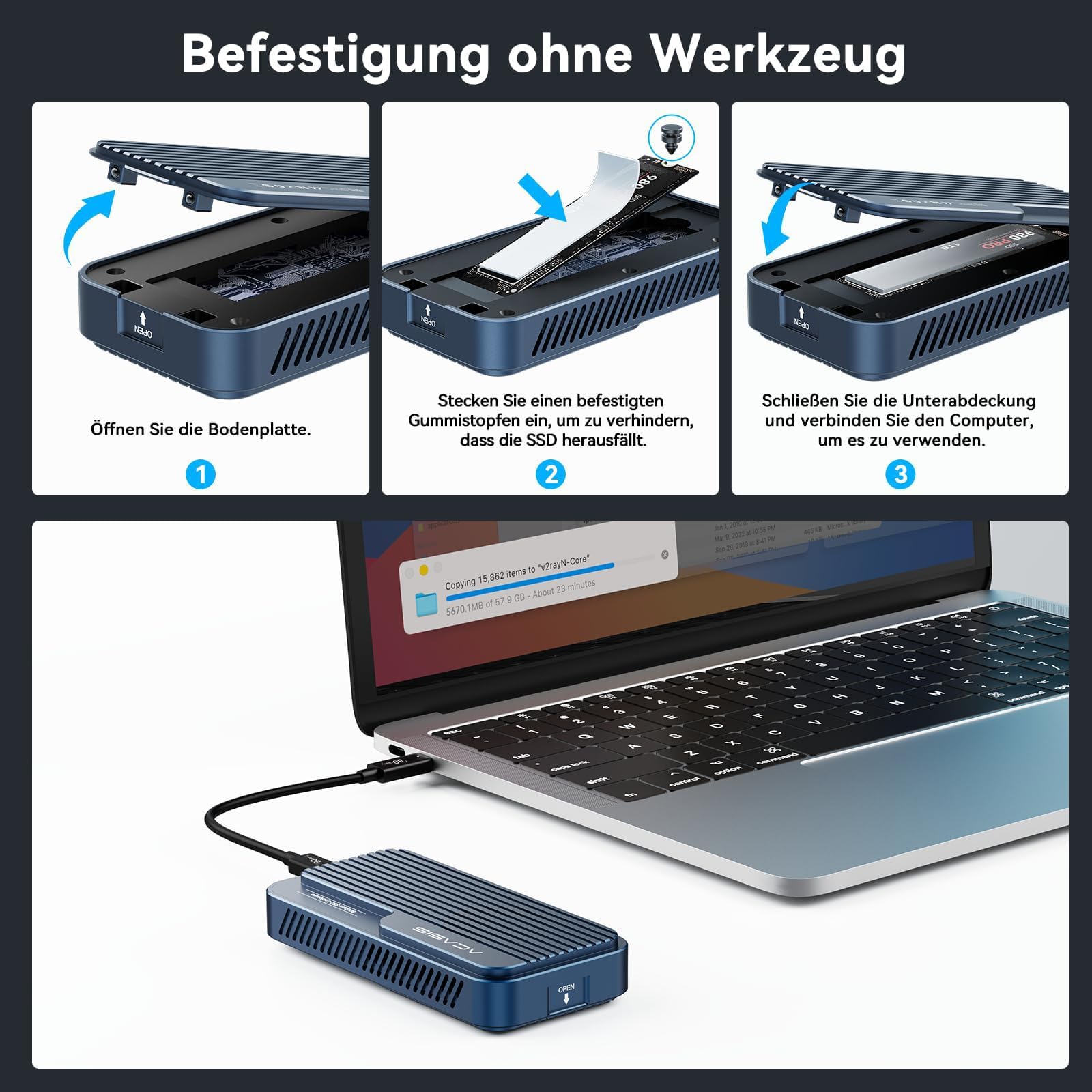 ACASIS TBU501PRO 80Gbps M.2 NVMe SSD Gehäuse mit Cooling Fan, 80Gbps Nvme Gehäuse Compatible mit Thunderbolt 5/USB4 V2.0, MacBook Pro M4/M4 Pro und M4 Max, Mac mini M4,Blau