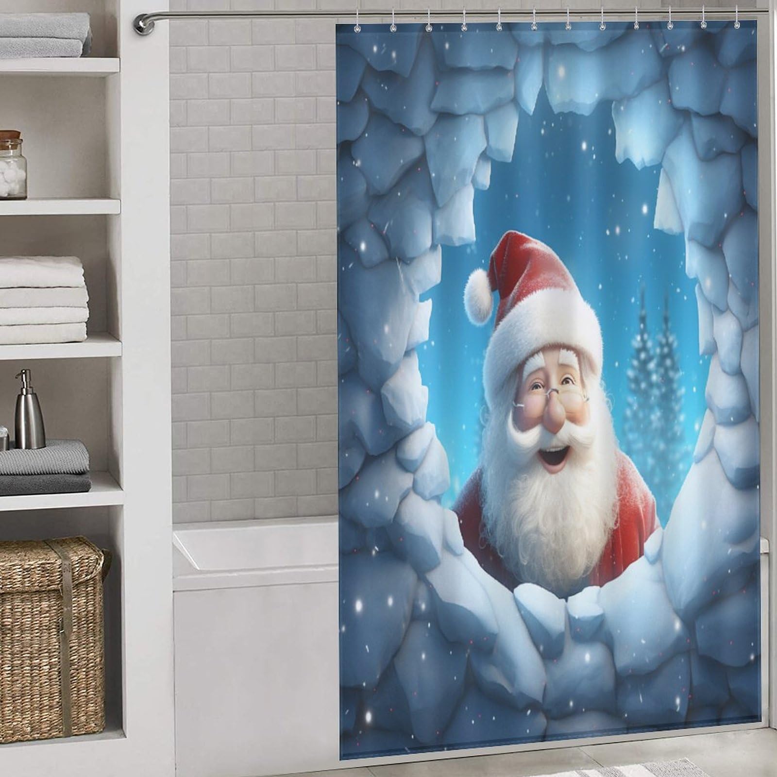 Rideau de douche Père Noël en polyester imperméable 140x183cm lavable avec crochets