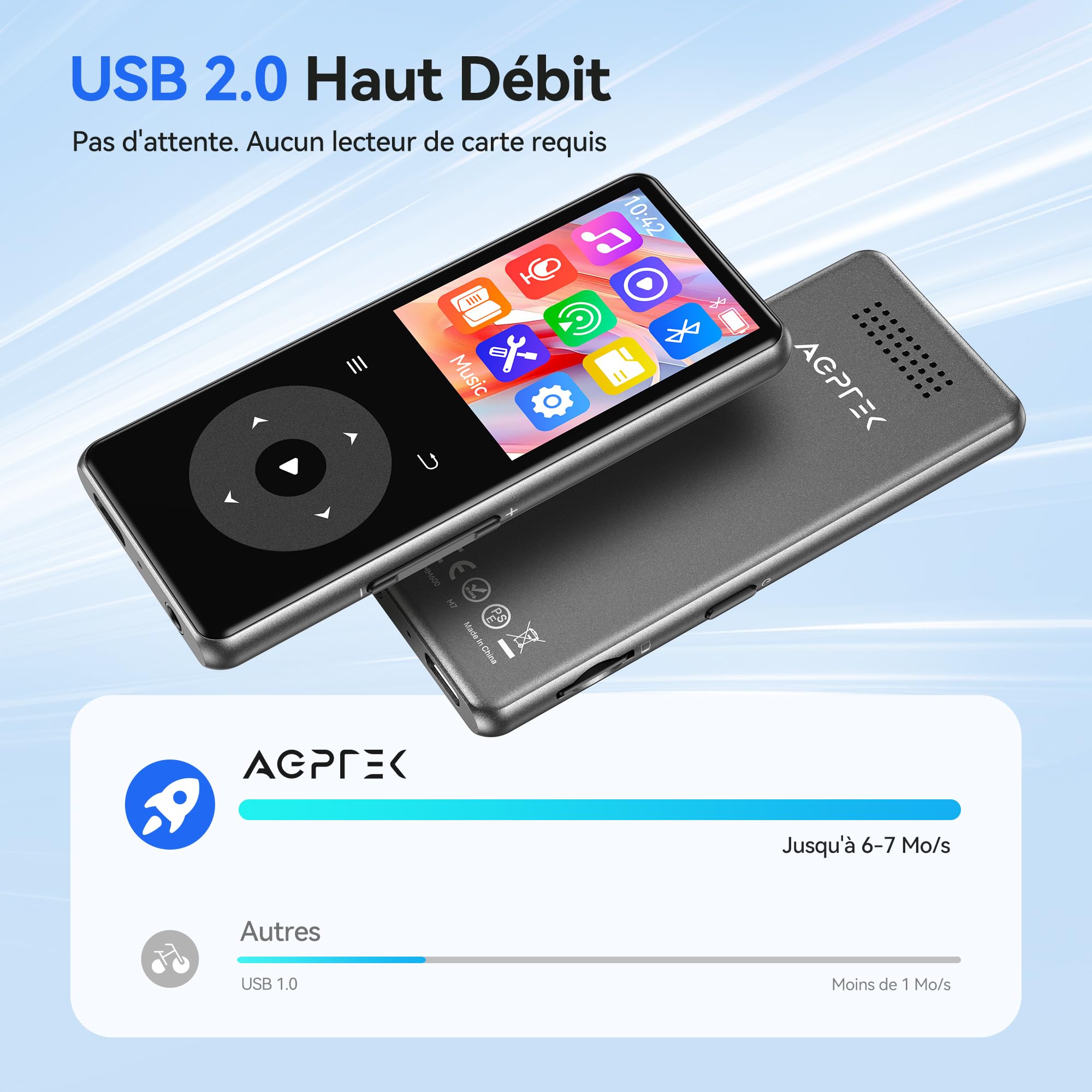 AGPTEK MP3 Bluetooth 5.4,1,8'' Lecteur Musical HiFi avec Haut-Parleur(0 Go) | Avec radio FM,Sans Mémoire Interne,Bouton Tactile Rétroéclairé en Métal, Baladeur Portable Support Carte 128Go Max