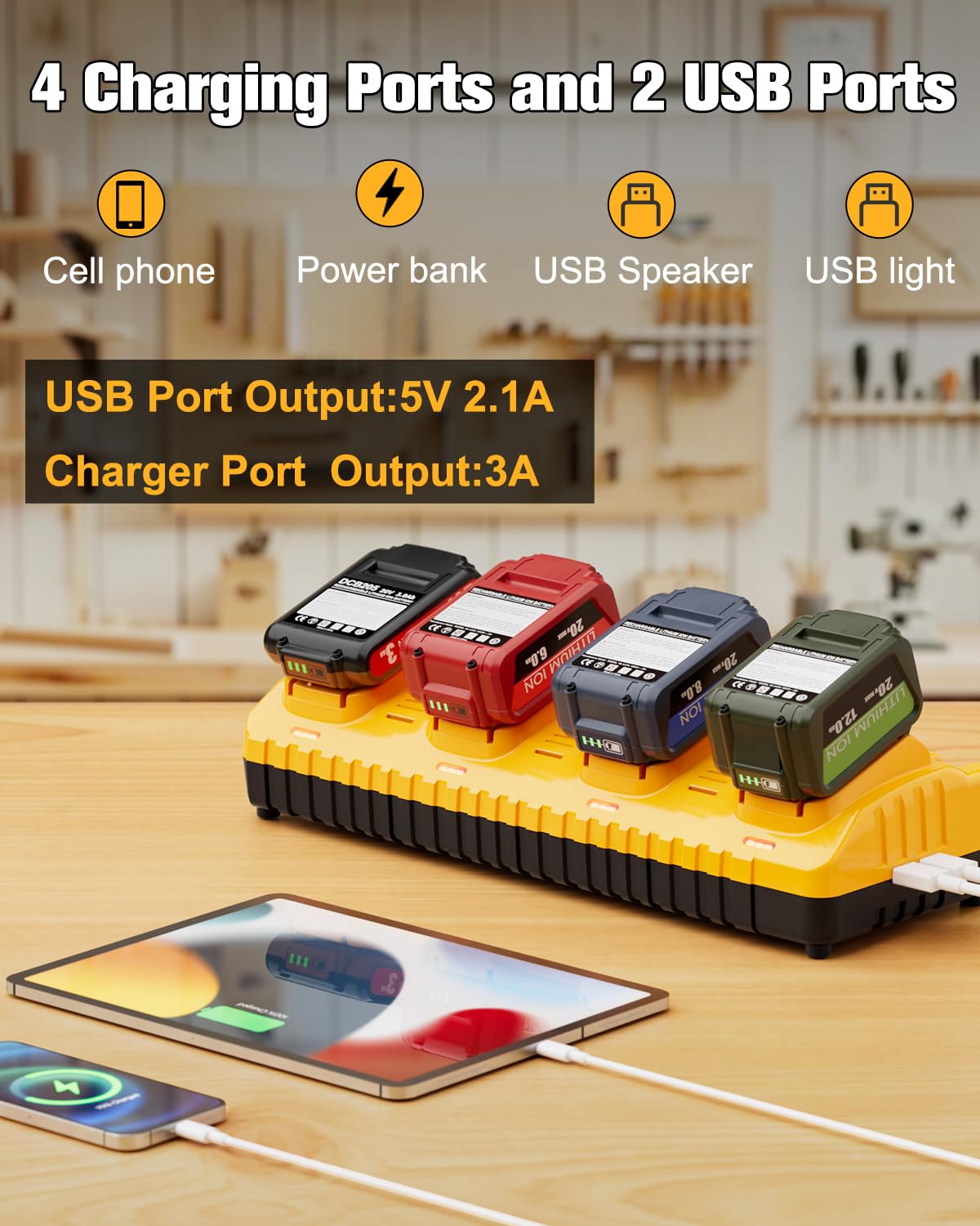 DCB104 - Repuesto para estación de carga de batería Dewalt, cargador de batería múltiple de 4 puertos con 2 puertos USB, compatible con todas las baterías de litio Dewalt de 12 V 20 V Max