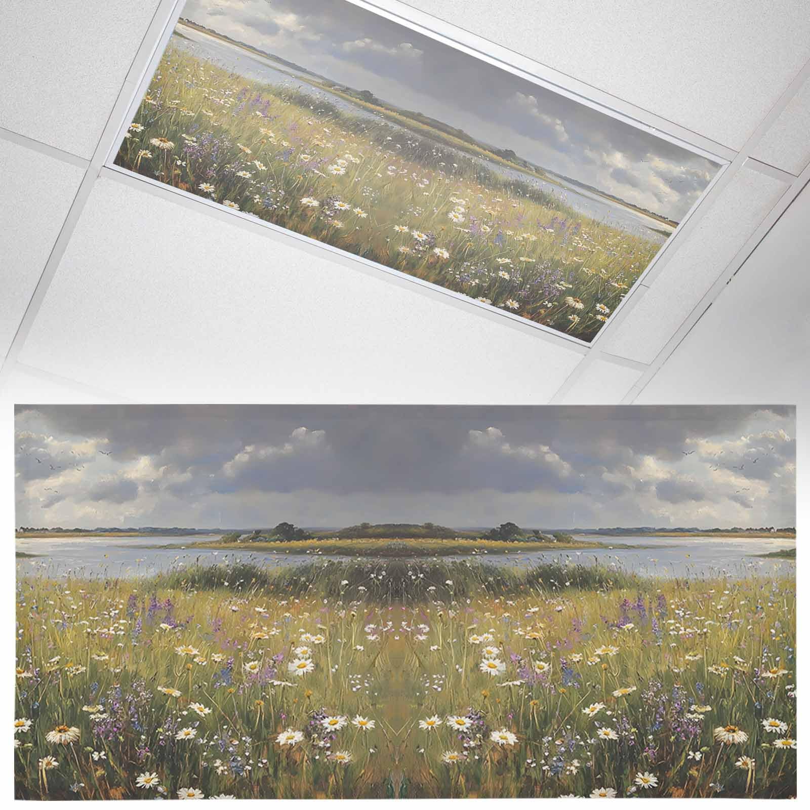Wowouhiya 1 Pack Fluorescent Light Cover for Ceiling Lights, Spring Floral Magnetic Classroom Light Filters 4x2 Feet, Pastoral Botanical Modern Oil Painting Decorative Ceiling Shade Panel for Office